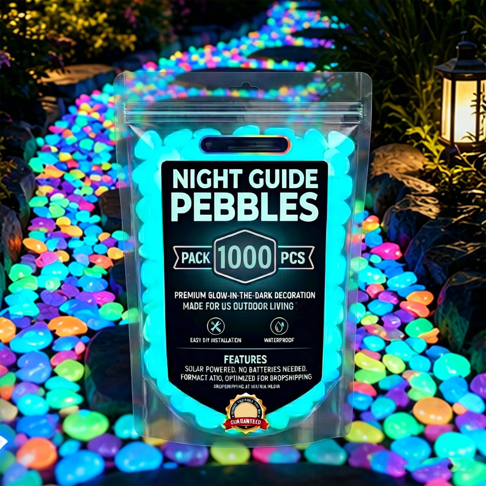 Colorful Glow-in-the-Dark Garden Stones, Night Guide Pebbles Glow, Rainbow Luminous Stepping Stones for Outdoor Walkway & Landscaping, Glowing Fish Tank Decorations, Vase Glow-Rocks (Blue,1000)