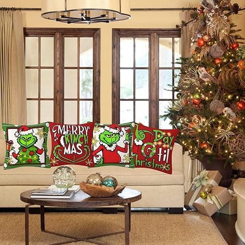 Miniatura 2 de Juego de 4 fundas de almohada navideñas de 18 x 18 pulgadas, decoración navideña, fundas de almohada de Navidad, para el hogar, dormitorio, sofá (C)