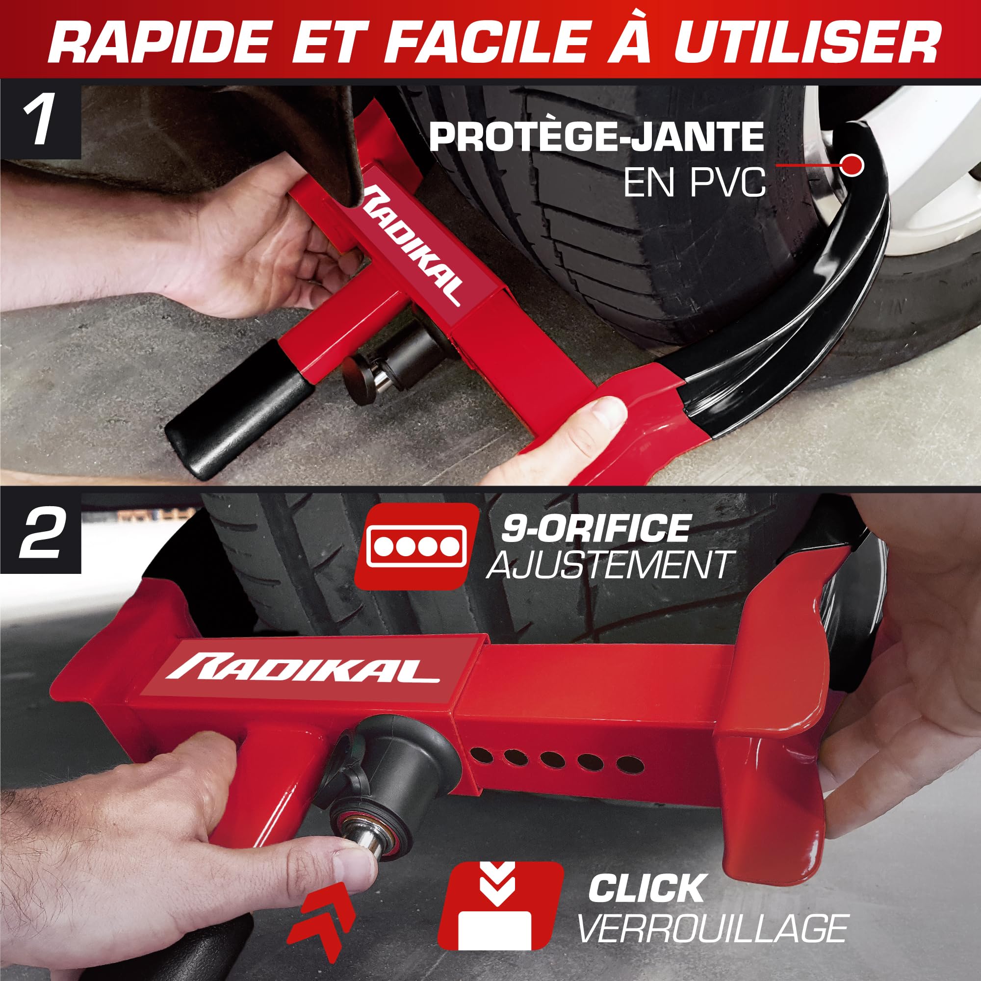 RADIKAL RK1001 Antivol Voiture Sabot Roue Premium, Antivol Remorque Bloque Roue, Serrure Anti-Perçage, Robuste Griffe de Pneu Sécurité Antidémarrage, Réglable 18-29 Universel Auto Camping Car Caravane