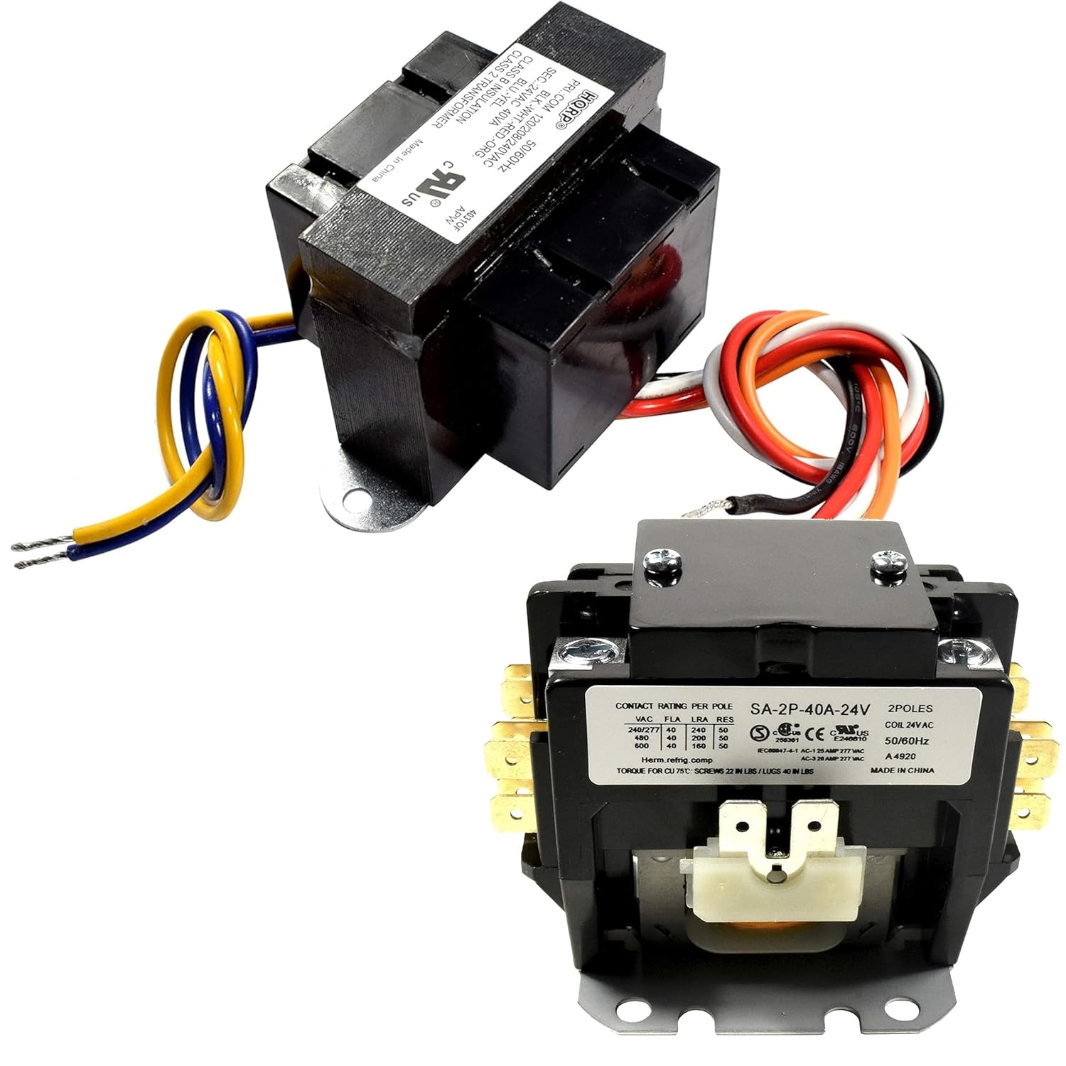 HQRP Bundle 120V-240V to 24V 40VA Transformer Plus Double Pole / 2 Pole 40 Amp Coil 24-Volt AC Condenser Contactor