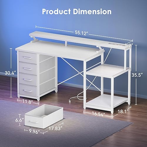 Miniatura 3 de ODK Escritorio para computadora de 55 pulgadas con 4 cajones, escritorio de oficina con tomas de corriente, estante de impresora y estantes de