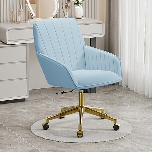 Miniatura 2 de YISHENG - Silla de escritorio de terciopelo para oficina con base dorada, con ruedas, sillas tapizadas modernas ajustables en altura con giro de 360