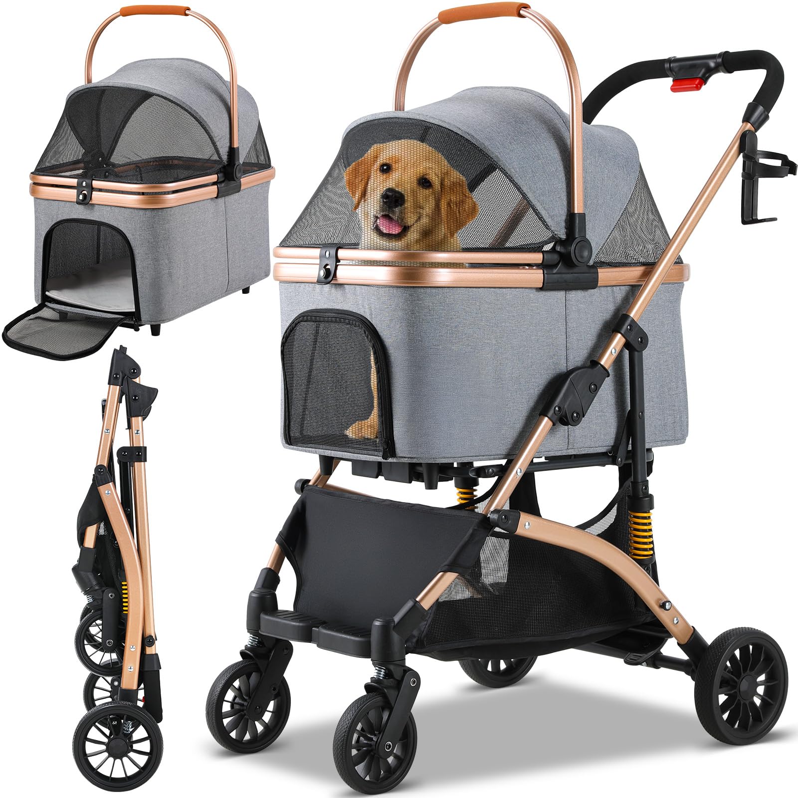 MAMIZO Poussette Chien 3-en-1, Poussette pour Chat Pliable, Panier de Rangement, Fenêtre en Filet, pour Petits Chiens et Chats, Jusqu'à 20 kg, 4 PCS Roues Résistant à l'Usure à 360°, Gris Foncé