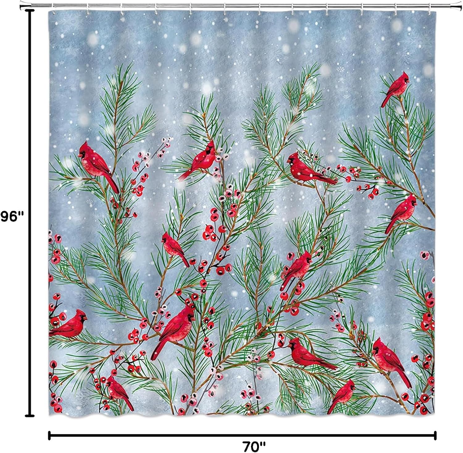 Winter Red Bird Shower Curtain Rustic Snowy Day Pine Tree Branch Xmas Bird Snowflake Berry Christmas Dreamy Holiday 70" Wx96 H Bathroom Decor Curtain with Hooks