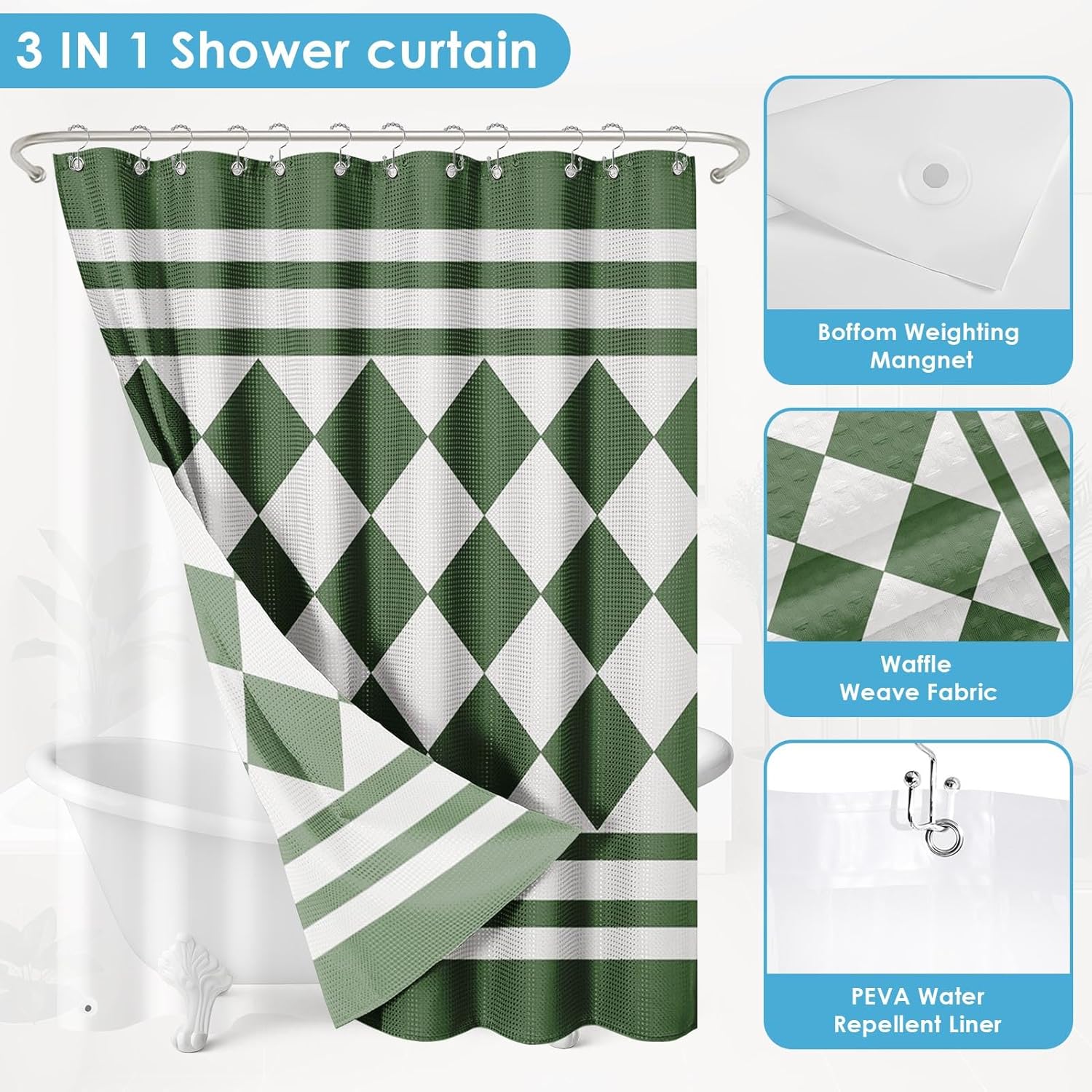 Shower Curtain and Liner, Green Checkered Striped 3 in 1 Shower Curtain and PEVA Liner Set with 12 Rust-Resistant Metal Hooks, Waterproof Fabric Shower Curtains for Bathroom, 72 W x 72 H