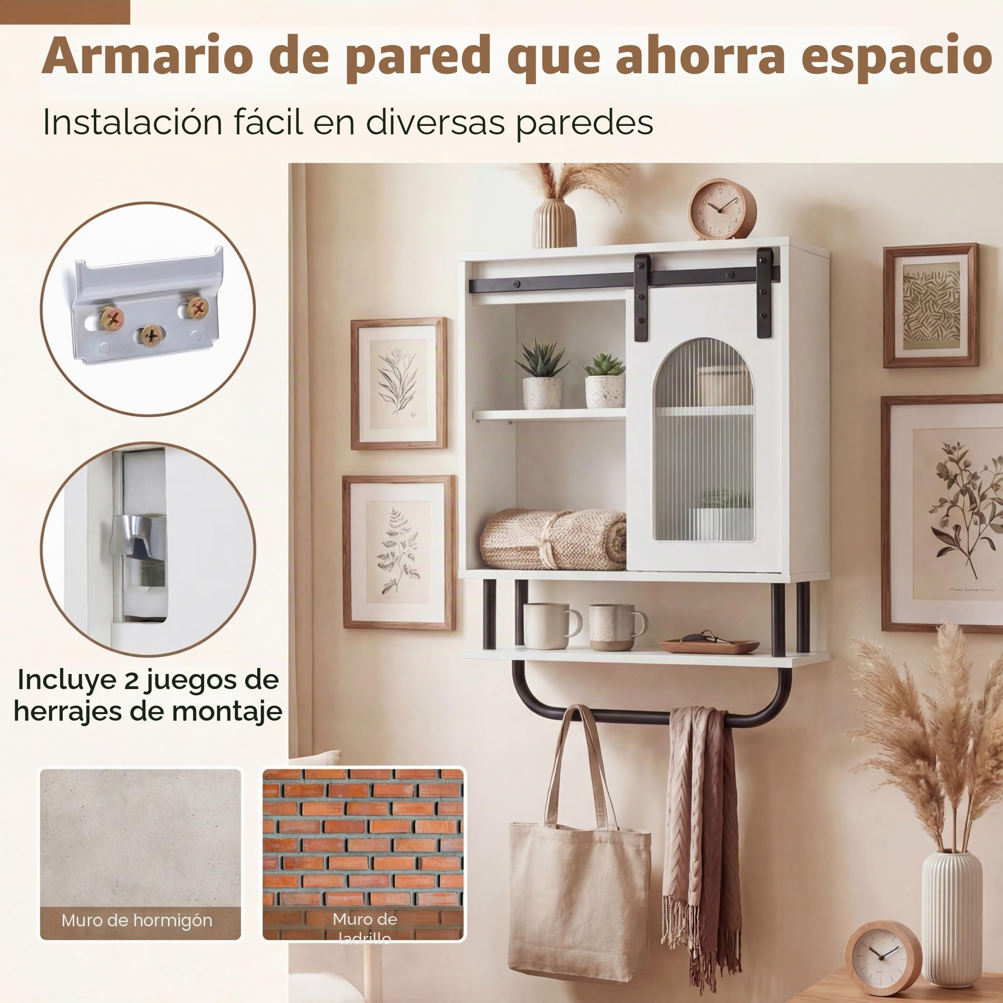 LIFEZEAL Armario de pared para baño, armario de baño con toallero, armario colgante con compartimento abierto, armario colgante para baño, cocina y salón, 50 x 20 x 70 cm, color blanco