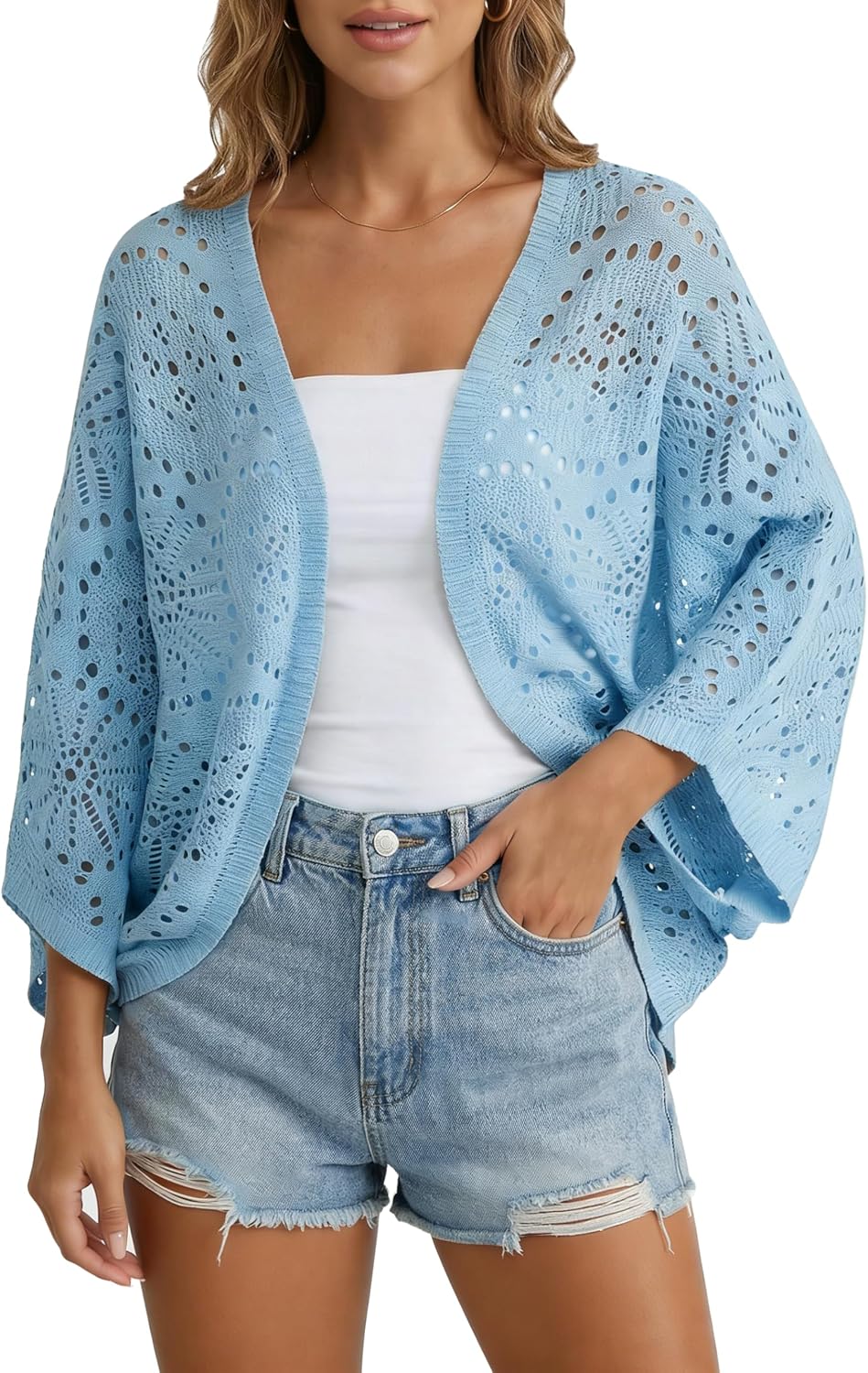 Womens Summer Crochet Cardigan Sweaters Lightweight Open Front 3/4 Sleeve Batwing Knit Kimono Top Boho Cover Ups