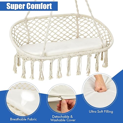 Miniatura 5 de Giantex Silla hamaca de 2 asientos, silla colgante de macramé con cojín, cuerdas de algodón colgantes, marco de metal, capacidad de 330 libras para