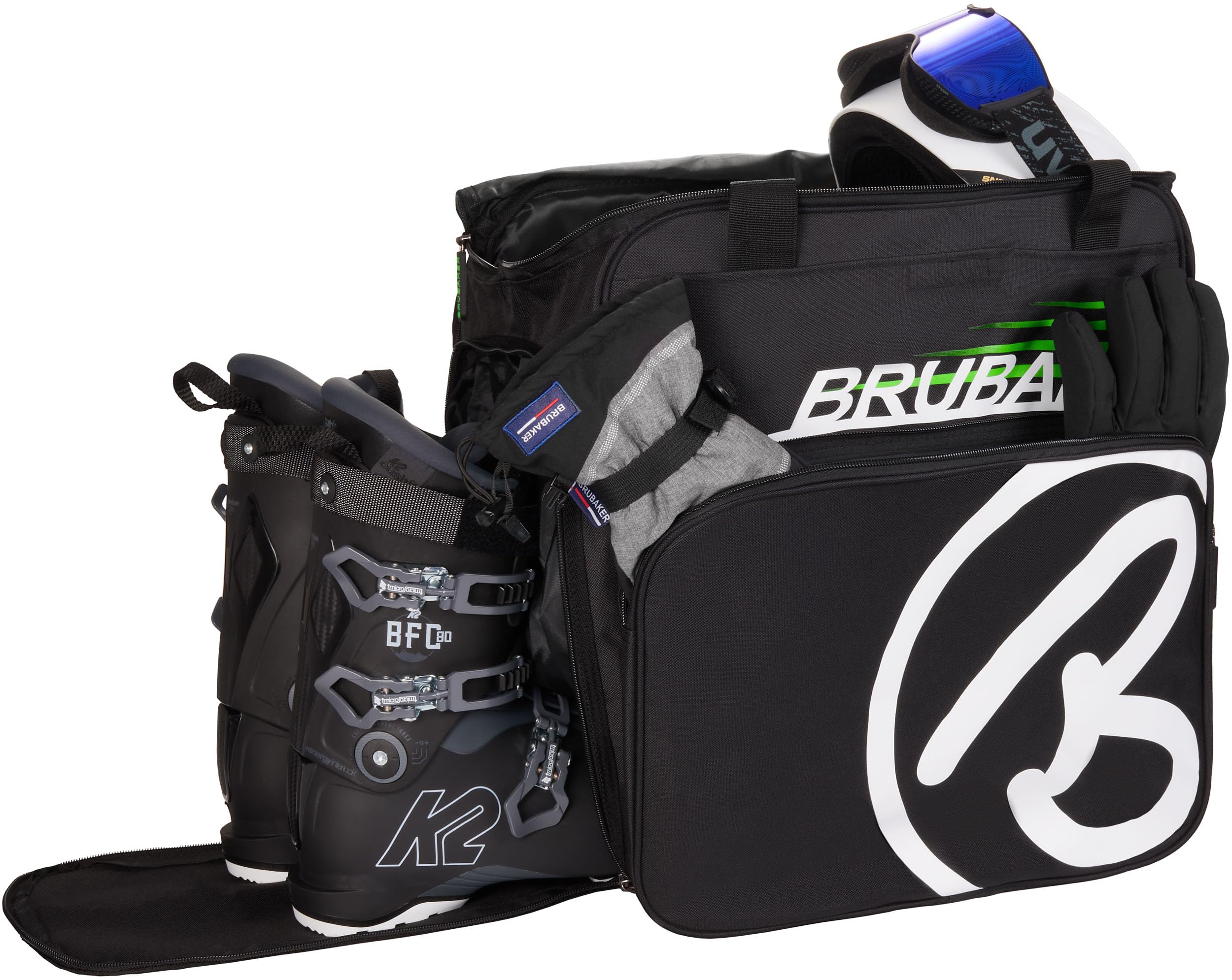 BRUBAKER Conjunto 'Super Champion' Bolsa para Botas y Casco de ski Junto a 'Carver Champion' Bolsa para un par de Ski - Negro/Verde - 170 cms.