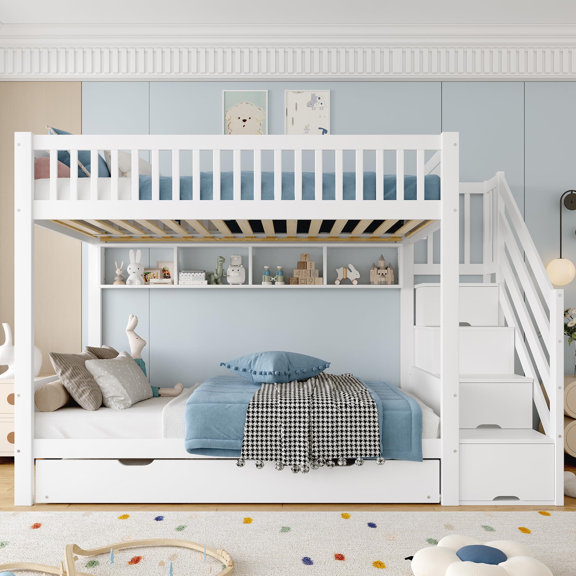 Idemon Litera (sin colchón), cama infantil, con cama nido, con estantería, con armario, con compartimento de almacenamiento, 90 x 200 cm, color blanco