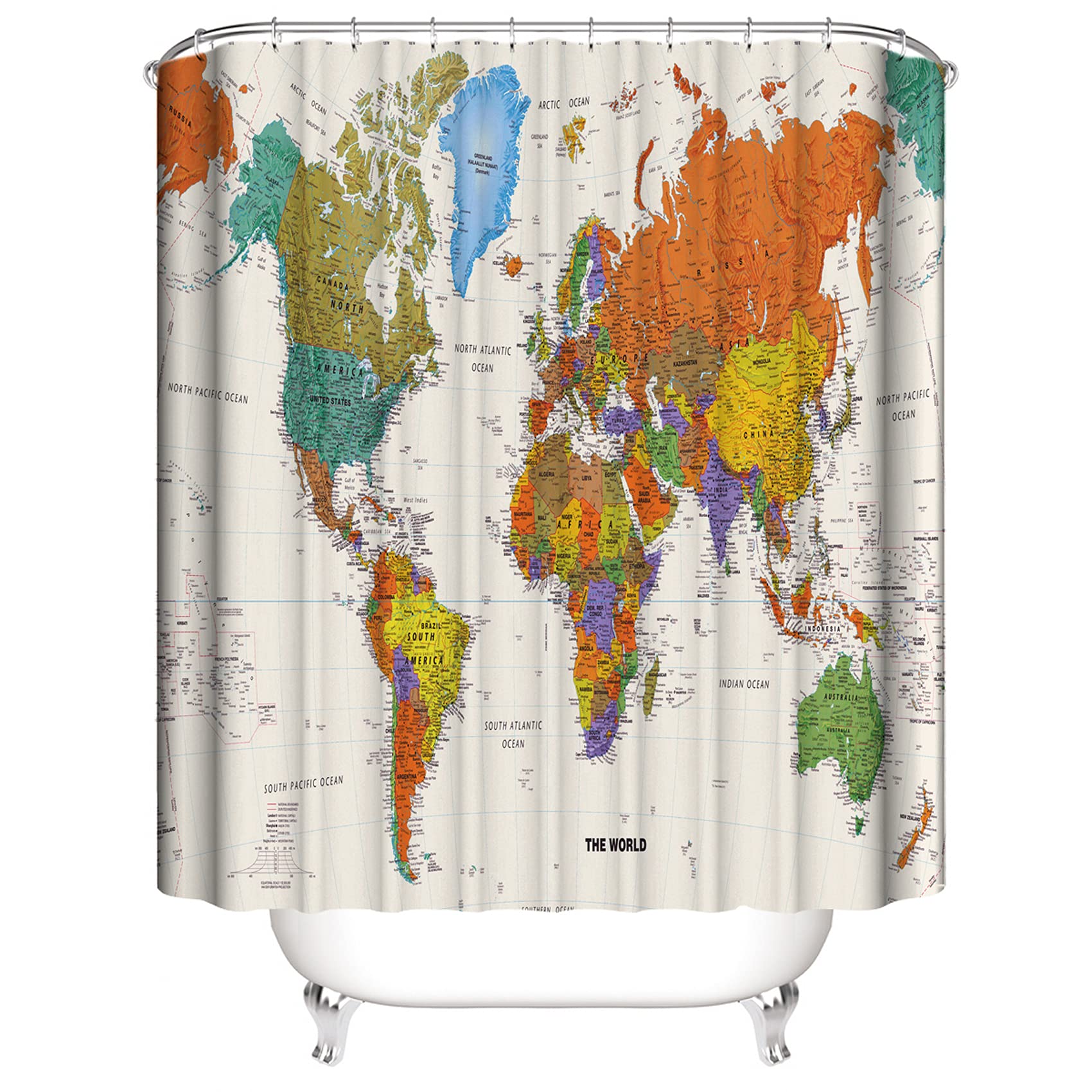 LIVETTY World Map Bathroom Shower Curtains Fabric Shower Curtain Waterproof Curtains for Bathroom Quick-Drying Kitchen Curtains Machine Washable with 12 Hooks-Multi-Color 180CM*180CM-World Map