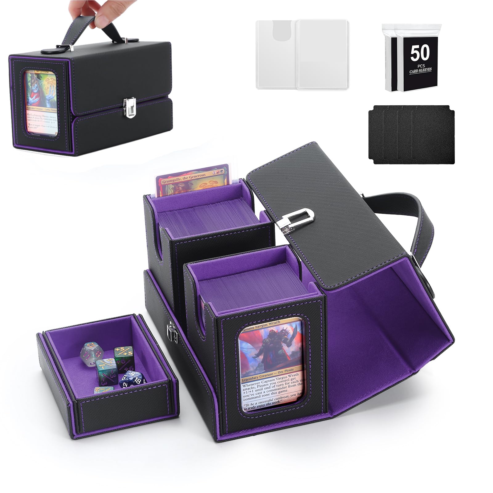 how do case cards work mtg Amazon.com: Deck Box, Commander Deck Fits 200+ Double-Sleeved Cards, 3-in-1 Magnetic Card Storage Box,Removable Deck Case for TCG/Sports with Handle＆Dice Tray（Black Purple） : Toys & Games werewolves Infect Poison Artifact Commander Artist Proof options:Rainbow Foil card, just signed (no doodle)