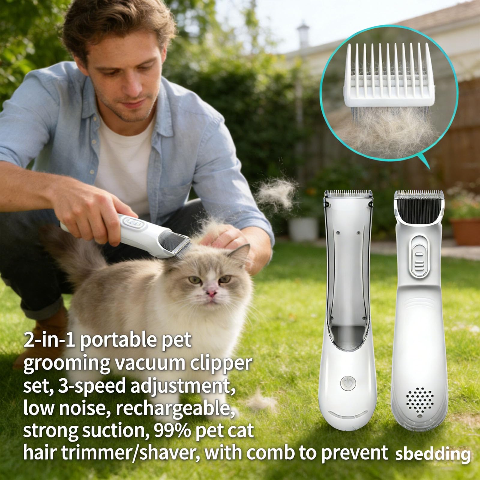 Cortador combinado de aseo de mascotas con función de vacío, afiladores de cerámica de baja velocidad variable para perros, gatos, podadora de pelo