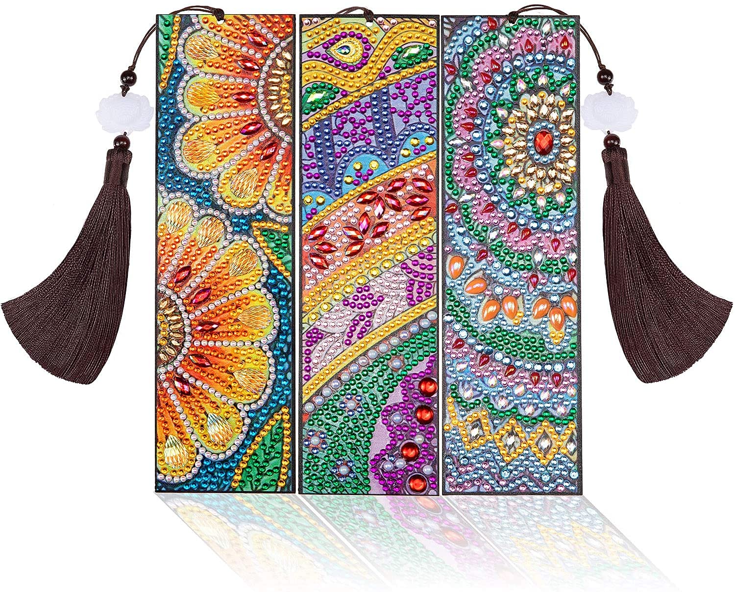 Luksuriøst 3 Pack Diamond Painting Bookmark, DIY Mandala Beaded Bookmarks Leather Tassel Diamond Bookmark Kit for DIY Arts Crafts Gifts, 8 x 2.3 Inch