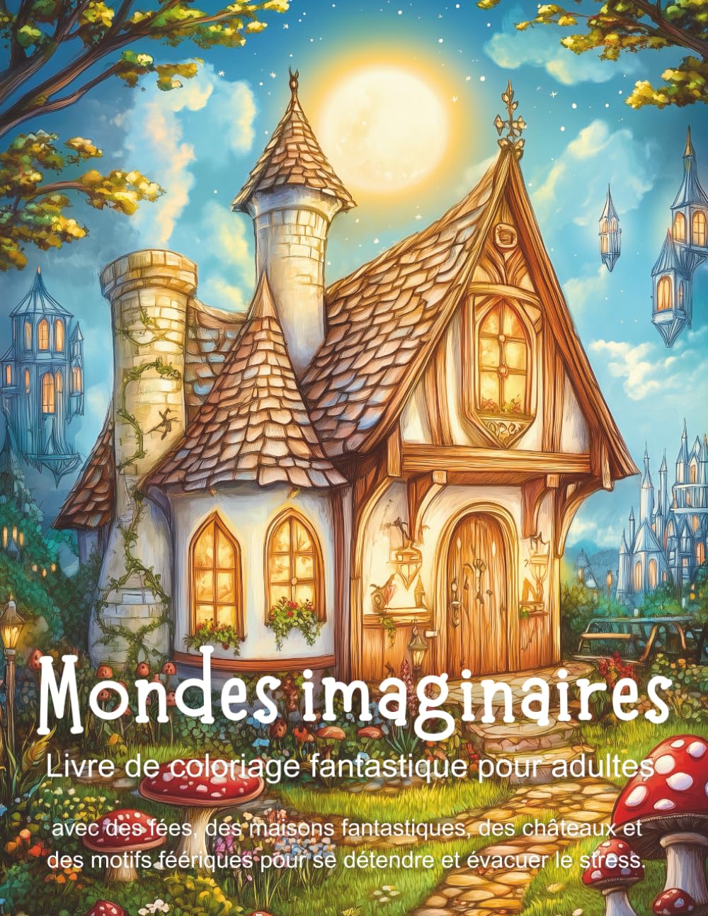 Mondes Imaginaires - Livre de coloriage fantastique pour adultes et adolescents avec des fées, des maisons fantastiques, des châteaux et des motifs féériques pour se détendre et évacuer le stress.