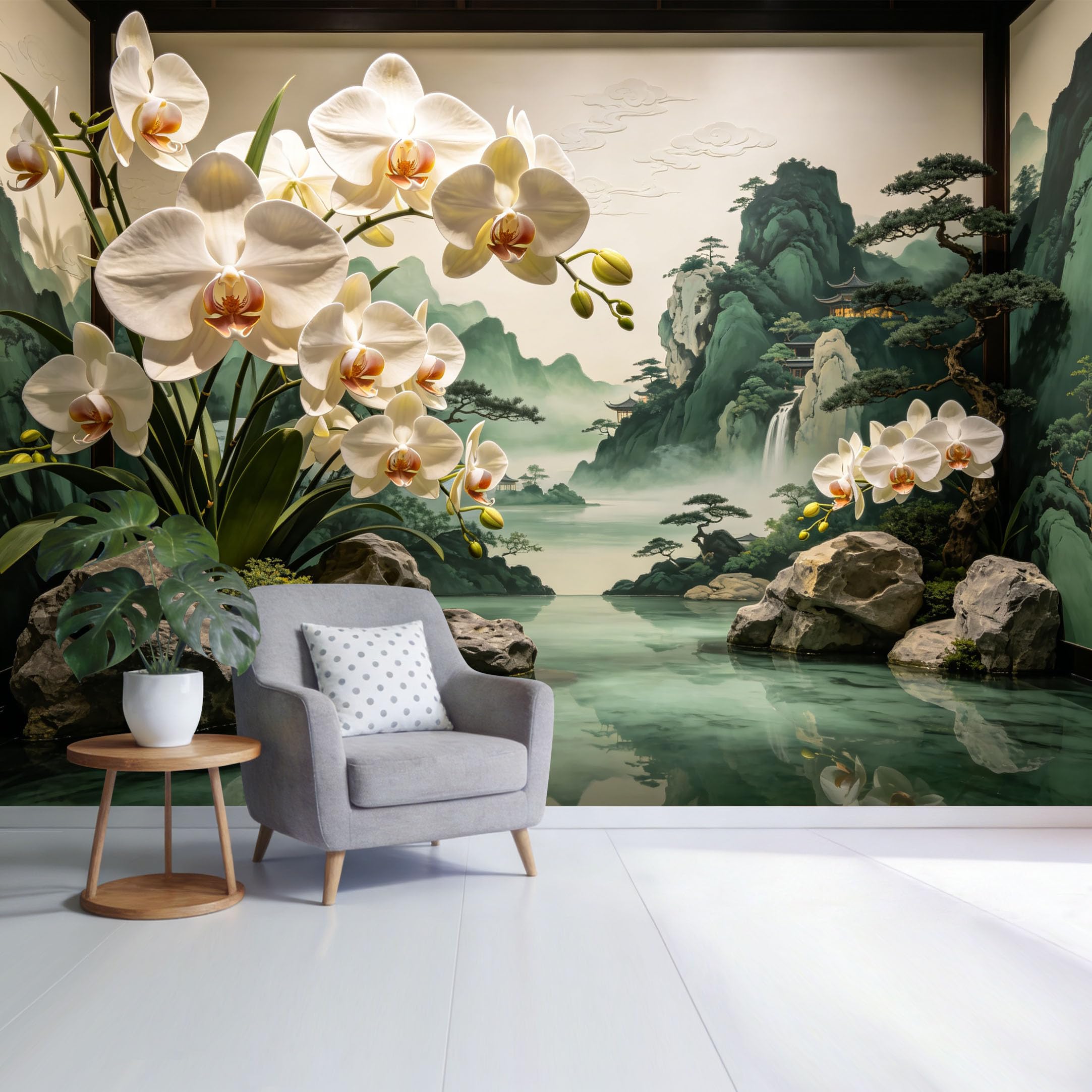 Custom Size Wall Mural White Orchid Botanical Mountain Lake Landscape Waterfall Asian Garden SelfAdhesive Wall Fabric Removable Wallpaper for Home Office Decor