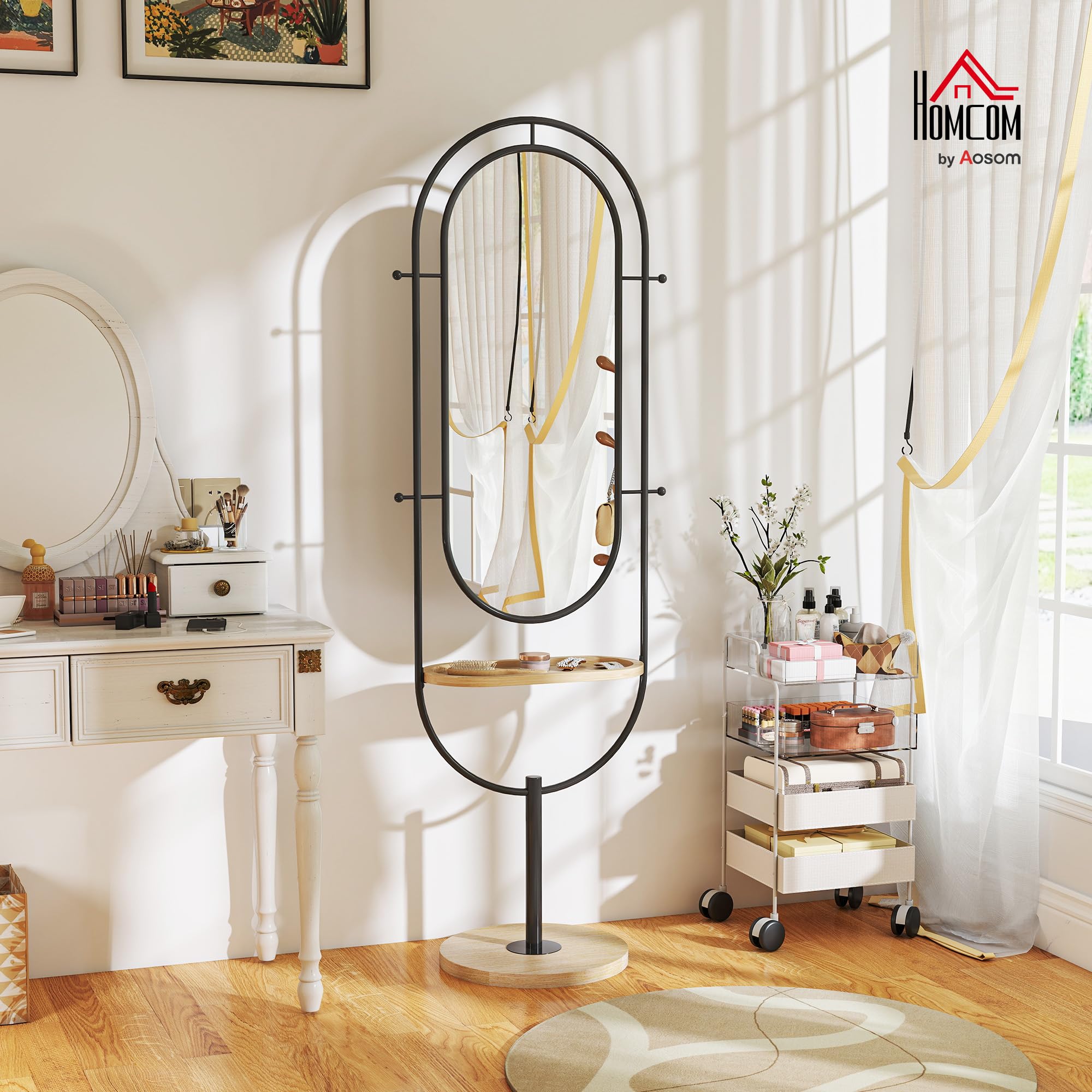 HOMCOM Miroir sur Pied Ovale avec Plateau en Bois 50 x 40 x 175,5 cm Noir