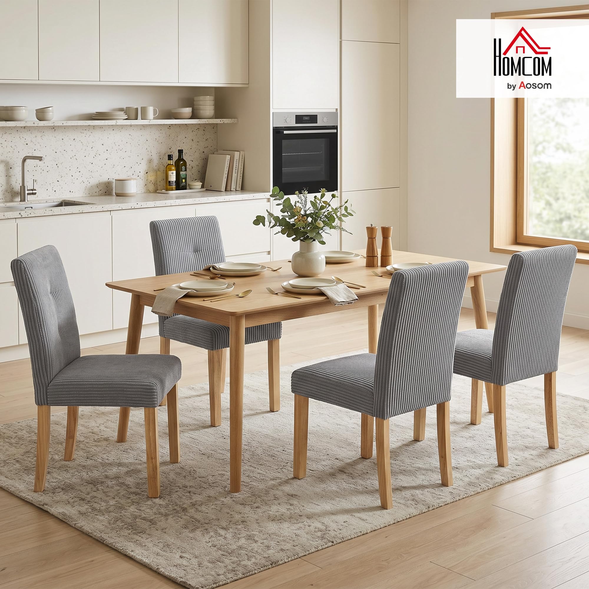HOMCOM Pack de 4 Sillas de Comedor, Sillas de Cocinas Modernas, Respaldo Alto, Tapizadas en Pana, Asiento Acolchado, Patas de Madera, para Salón, Gris