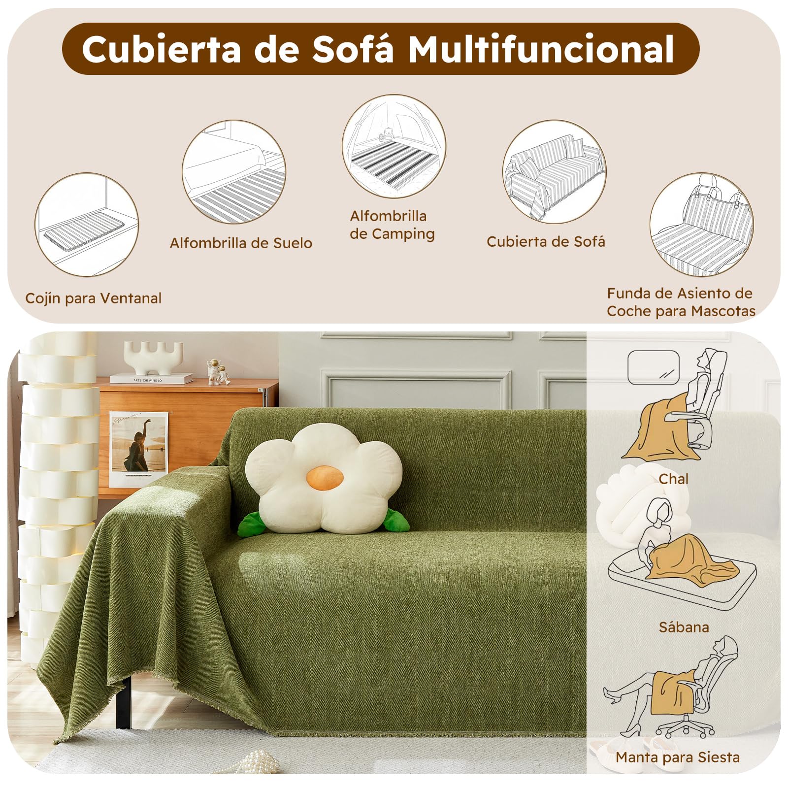 Manta Sofa Chenilla,Plaid Cama- Ultra Suave con Textura Espina de Pescado, Transpirable 4 Estaciones, Moderna y Confortable para Cama, Silla 230 * 180cm-Matcha Verde