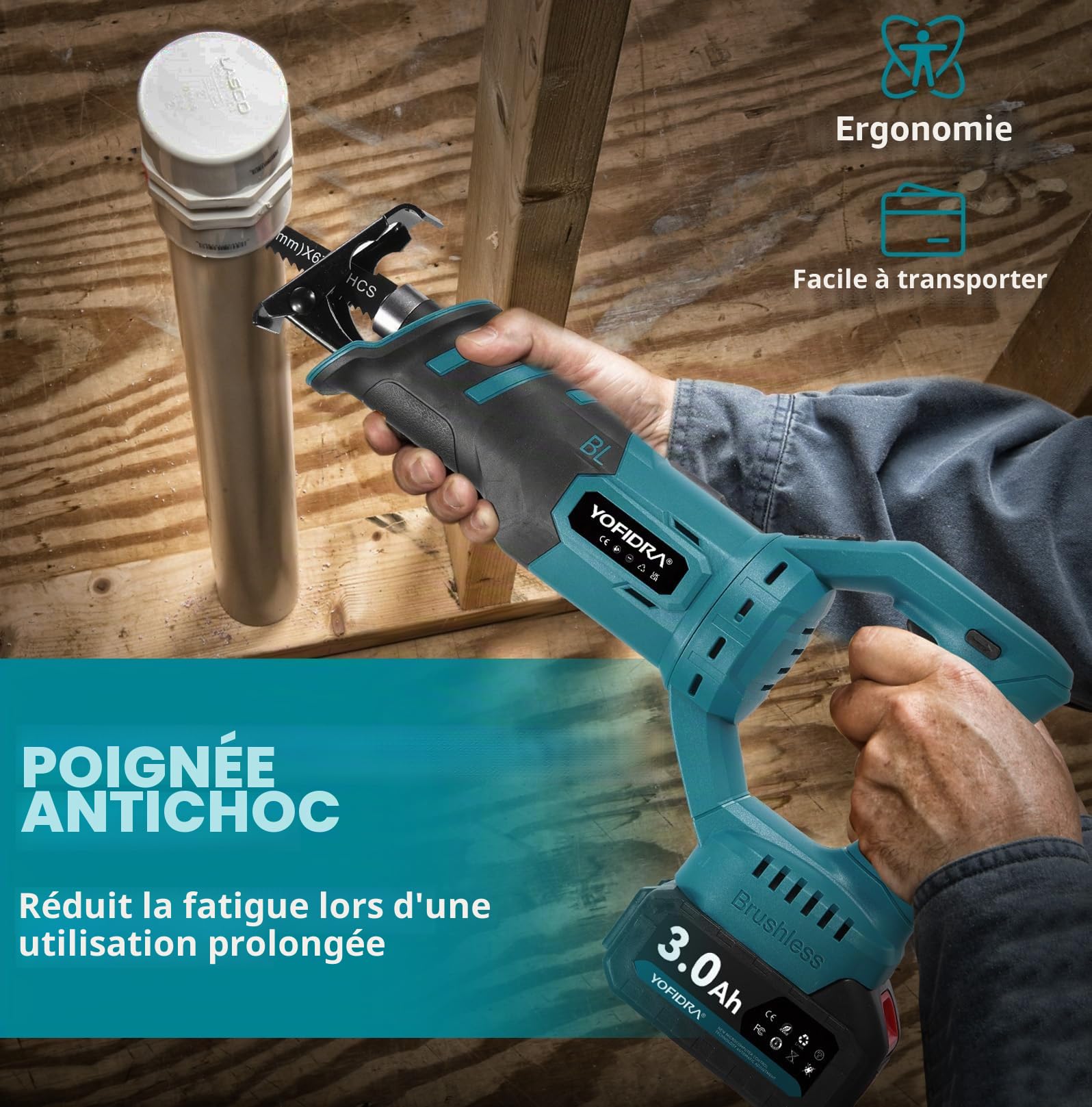 Yofidra Scie Sabre Sans Fil, Scie Alternative Électrique Sans Balais avec 2×3.0Ah Batteries, 8 Lames, 3600SPM, Course 28mm, Tête Pivotante 180°, pour Bois/Métal/PVC