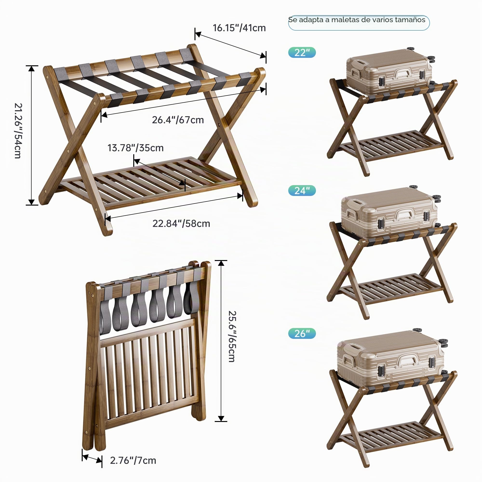 SMIBUY Portaequipajes, Paquete de 2, Soporte para Maleta de Bambú Plegable con Estante de Almacenamiento para Habitación de Invitados, Dormitorio, Hotel, Resistente (Nuez)