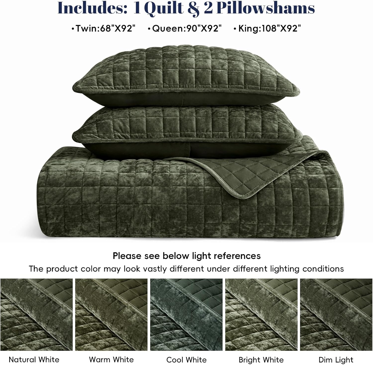 PHF Luxurious Velvet Quilt Set King Size – 3PCS Super Soft Quilted Comforter Alternative with Square-Box Quilt Pattern, Warm Quilted Bedspread Coverlet, 108" x 92", Smokey Olive - Image 6