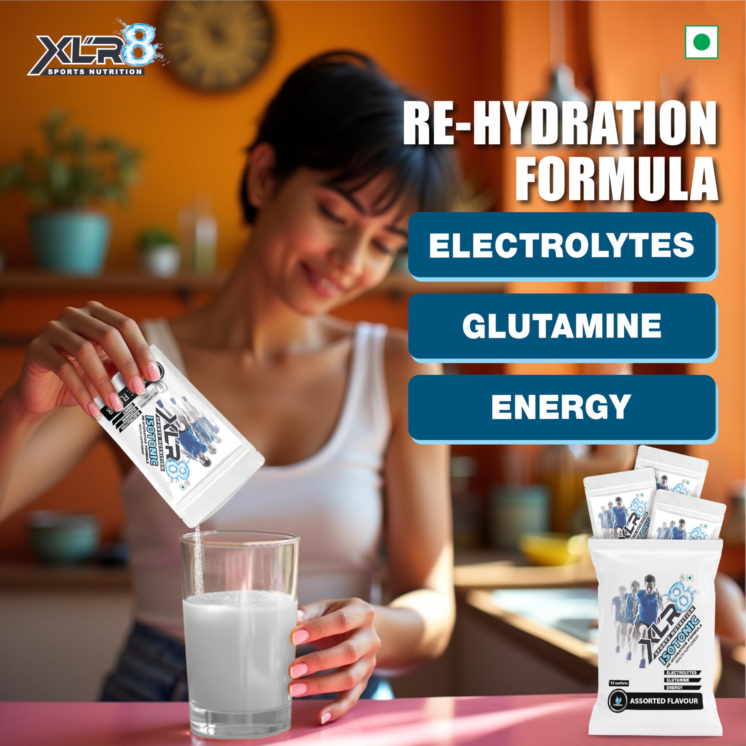 XLR8 Electrolytes Powder 20g (15 Servings ) with Shaker | High Performance Isotonic Sports Hydration & Energy Drink Mix with Sodium, Potassium, Magnesium, Glucose & Glutamine | Instant Rehydration for Workout, Running & Endurance |Assorted Flavour