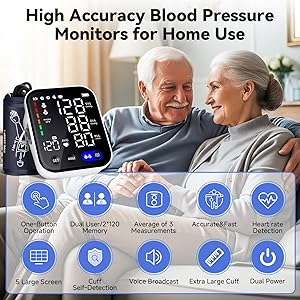 Blood Pressure Monitor, Upper Arm Blood Pressure Monitors for Home Use, Adjustable 8.7"-16.5" Blood Pressure Cuff, 2-User 2X120 Memory, One Touch Operation, Accurate BP Machine