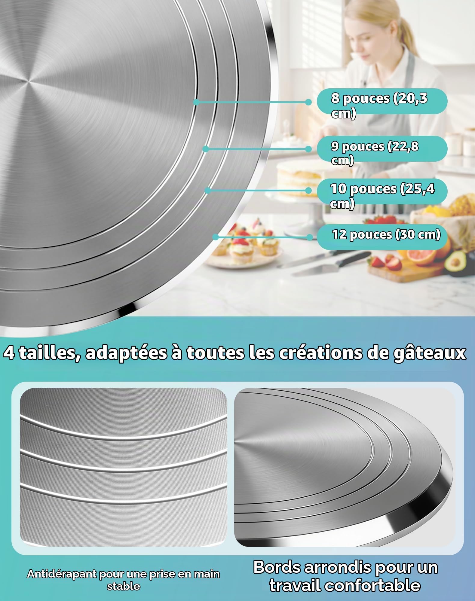 Plateau Tournant en Aluminium de 30 cm – Set Complet avec Rotation Silencieuse à 360° et Base Antidérapante pour la Décoration de Gâteaux