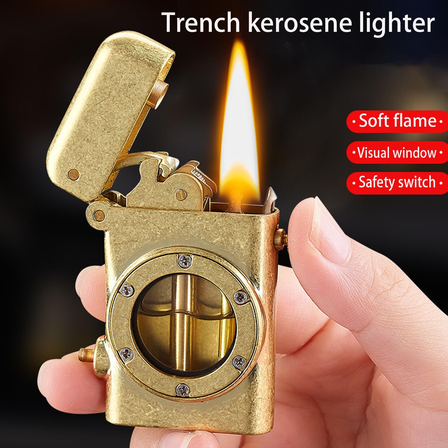 Encendedor de queroseno, diseño antiguo de latón con tanque de combustible visual, llama ajustable para barbacoa, camping y velas, perfecto para uso en exteriores