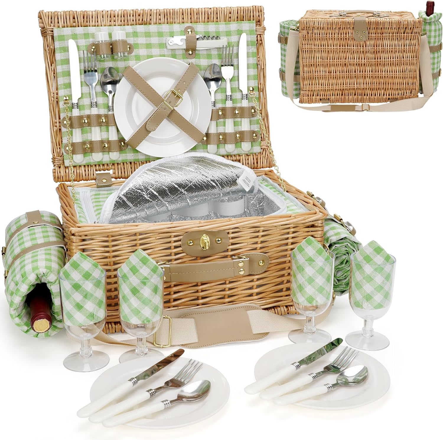 Picnic Basket for 4, Insulated Willow Picnic Baskets with Shoulder Strap, Picnic Hamper with Waterproof Picnic Blanket, Handmade Wicker Hamper for Outdoor Camping, GreenCheck