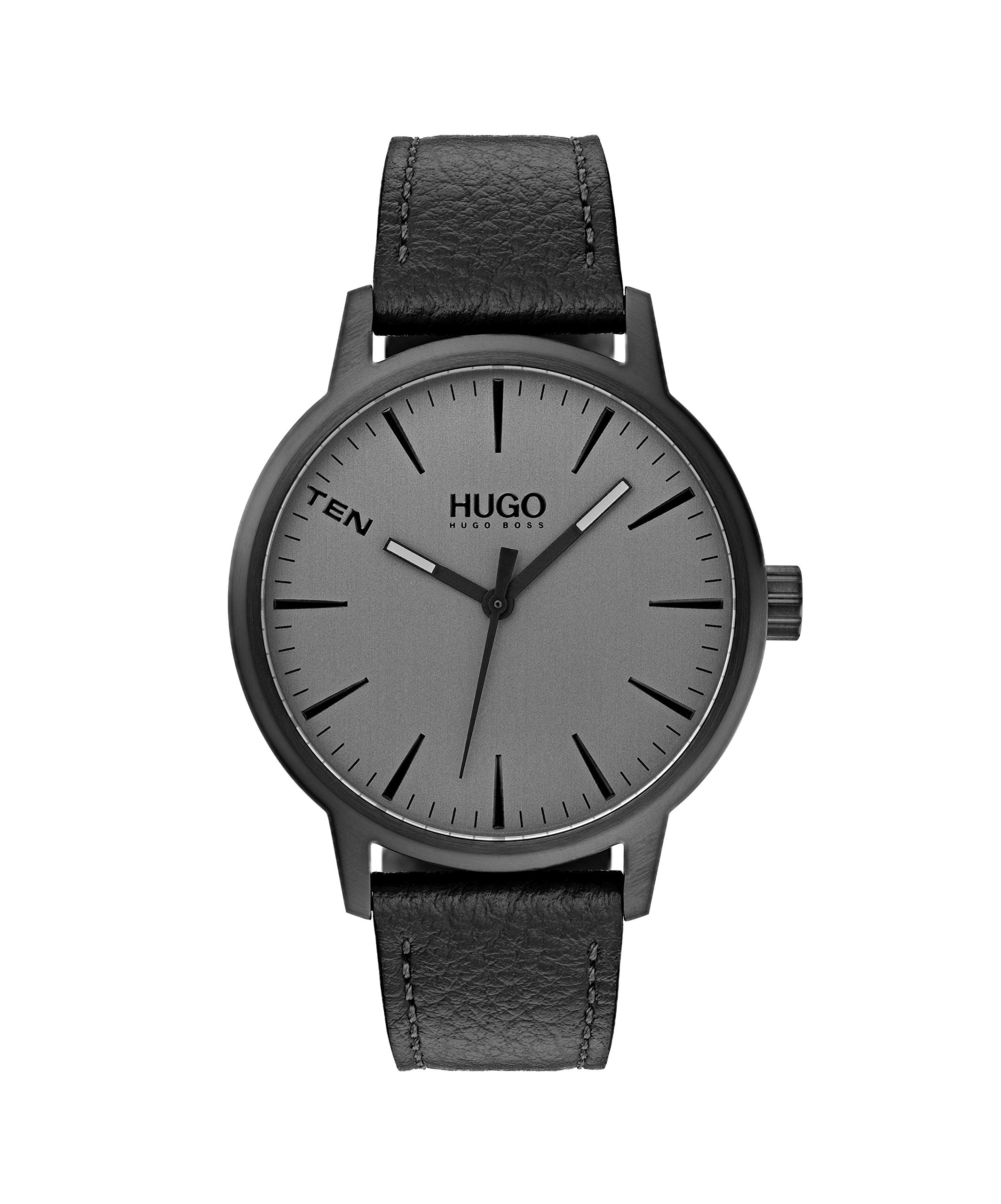 HUGO #Stand Men Quartz Ionic Plated Black Steel and Leather Strap Casual Watch, Color: Black (Model: