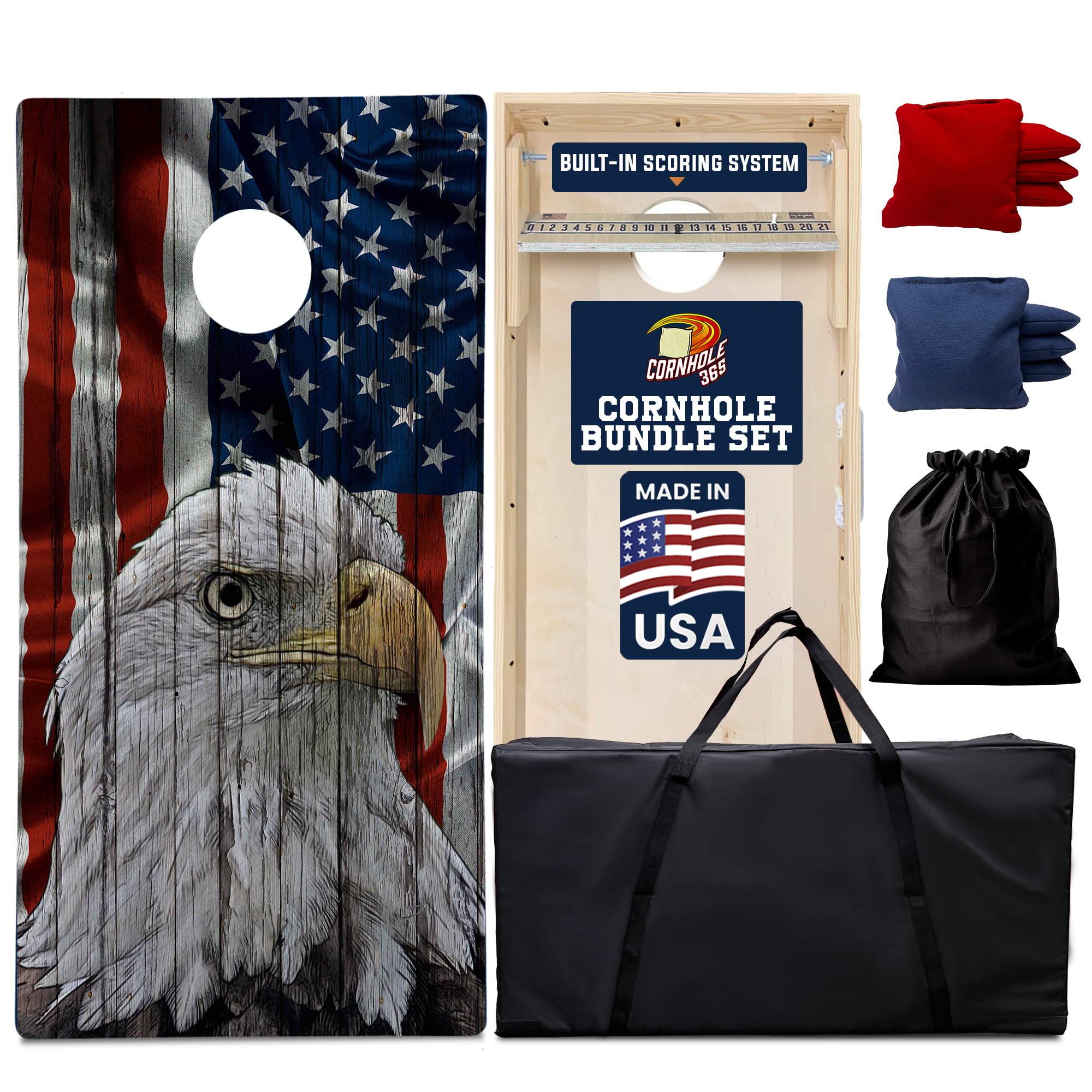 Cornhole365 Rustic Eagle and American Flag Cornhole Board Set - Includes Solid Wood Cornhole Board, 8 All-Weather Cornhole Bags, Portable Carrying Case & String Tote Bag Outdoor Game Bundle