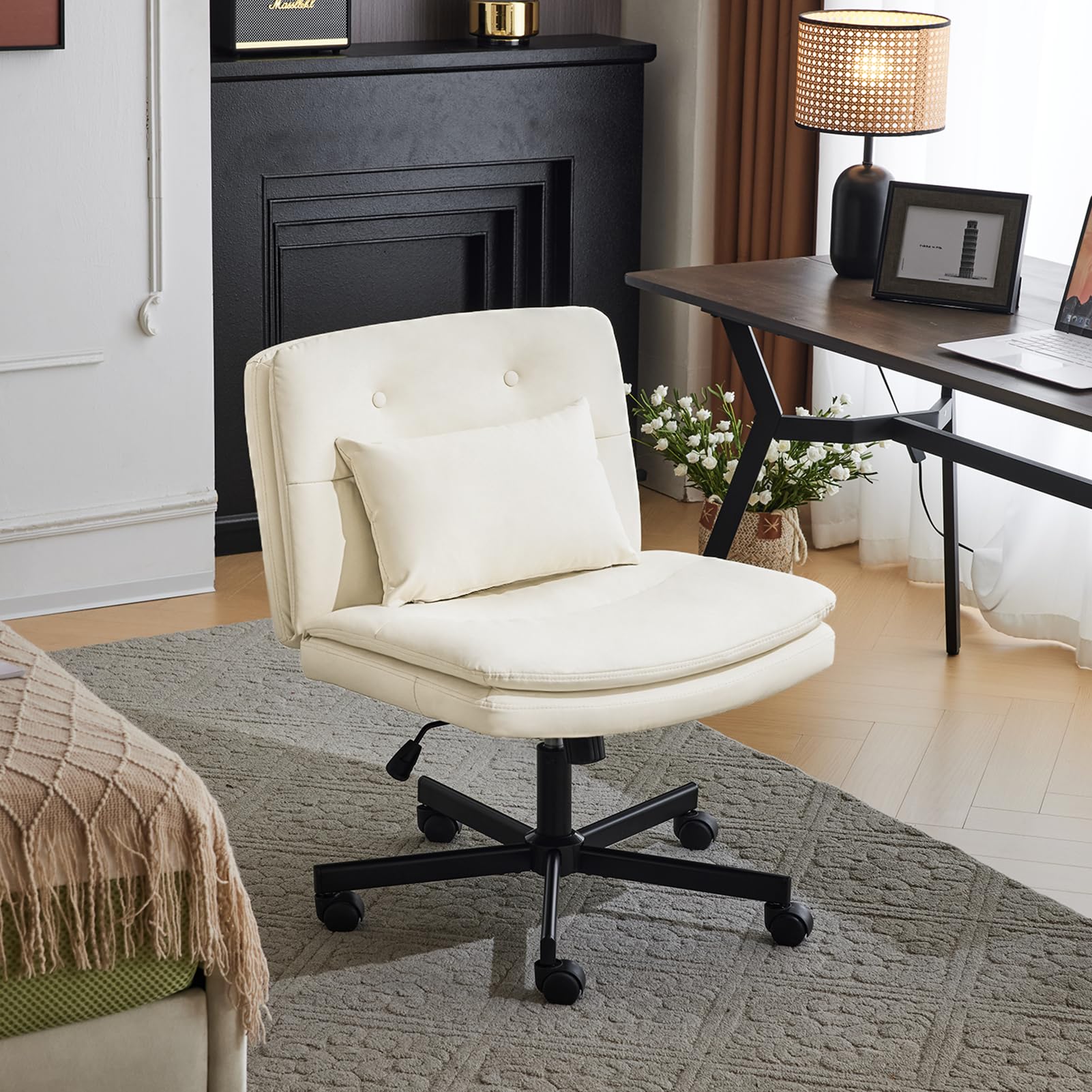 PU Criss Cross Armless Home Office Chair with Replaceable Wheels/Fixed Base and Lumbar Support for Living Room, Wide Seat Adjustable Legged Swivel Chair, Comfy Computer Chair for Vanity, White