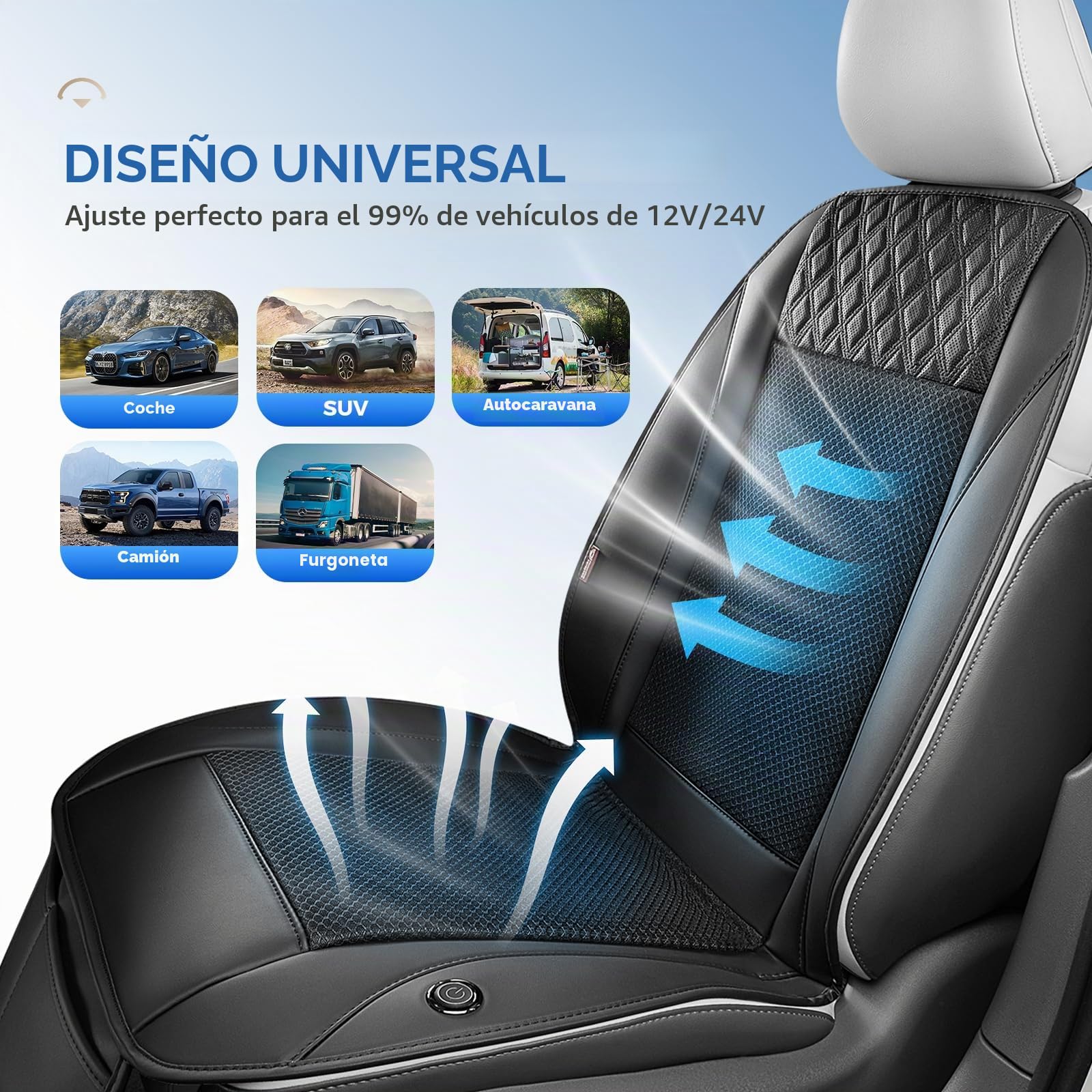Coverado Verano Cojín de Asiento de Coche con Poderosa Ventiladores & 3-Velocidad Ajustable Funda de Asiento, Universal para Coche SUV camión LKW, Van, Negro