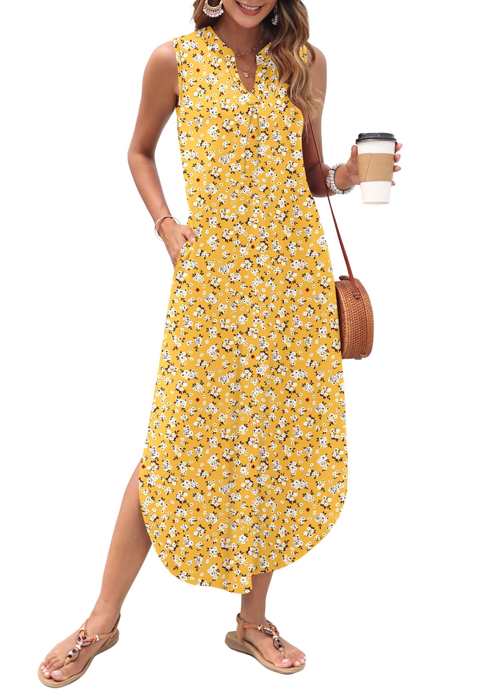 AUSELILY Womens Summer Casual Maxi Dresses 2026 Sleeveless Long Beach Dresses V Neck Loose Sundresses with Side Split