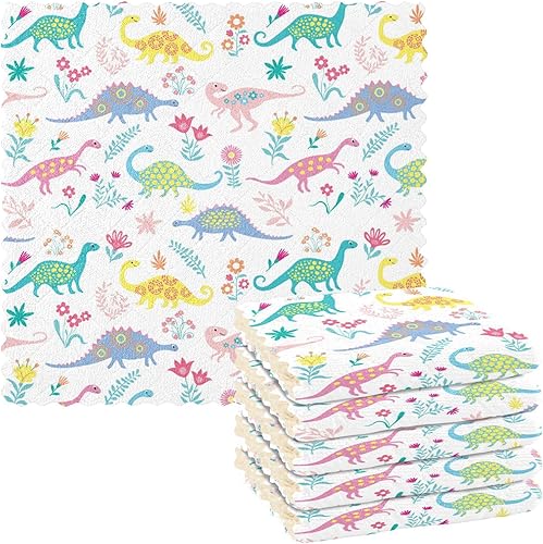 linqin Cute Dinosaurs Set of 6 Fast Drying Kitchen Towels and Dishcloths Sets Microfiber Print Cotton Cooking Towels Reusable for Bathroom Table