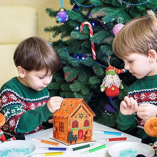 Miniatura 6 de Spiareal Juego de 24 juegos de portavelas de madera de jengibre, casas de Navidad luminosas de madera con bolígrafos de acuarela y velas LED sin