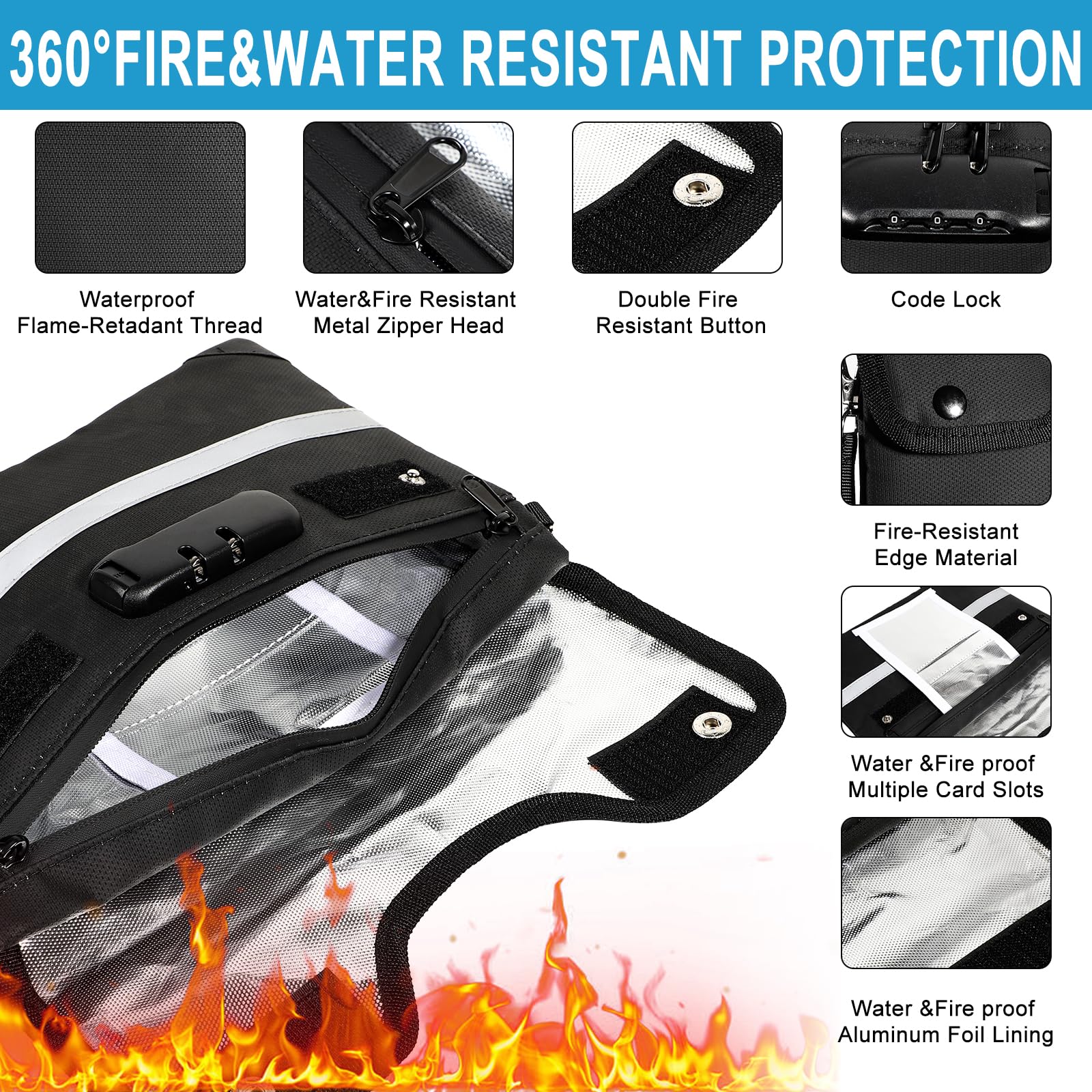 HOMELYLIFE Fireproof Document Bag 29 x 21cm, 6200°F Heatproof Money Bag with Combination Lock & Hidden Pocket - Image 4
