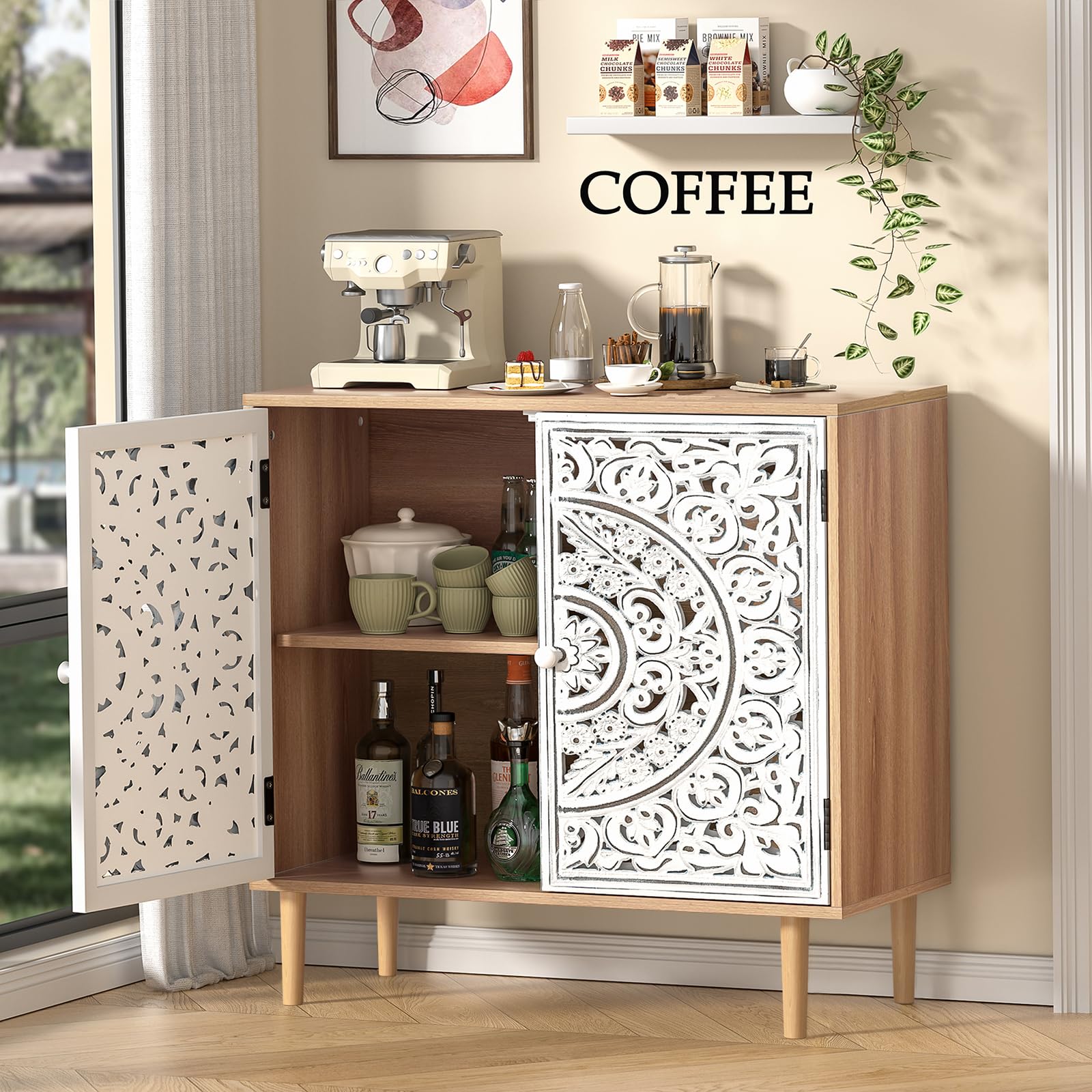 Buffet Bois Sculpté, Meuble de Rangement Cuisine Bas, Meuble Bas avec Pieds en Bois Massif, Étagères Réglables, Armoire de Rangement pour Salon, Cuisine, Chambre, Blanc