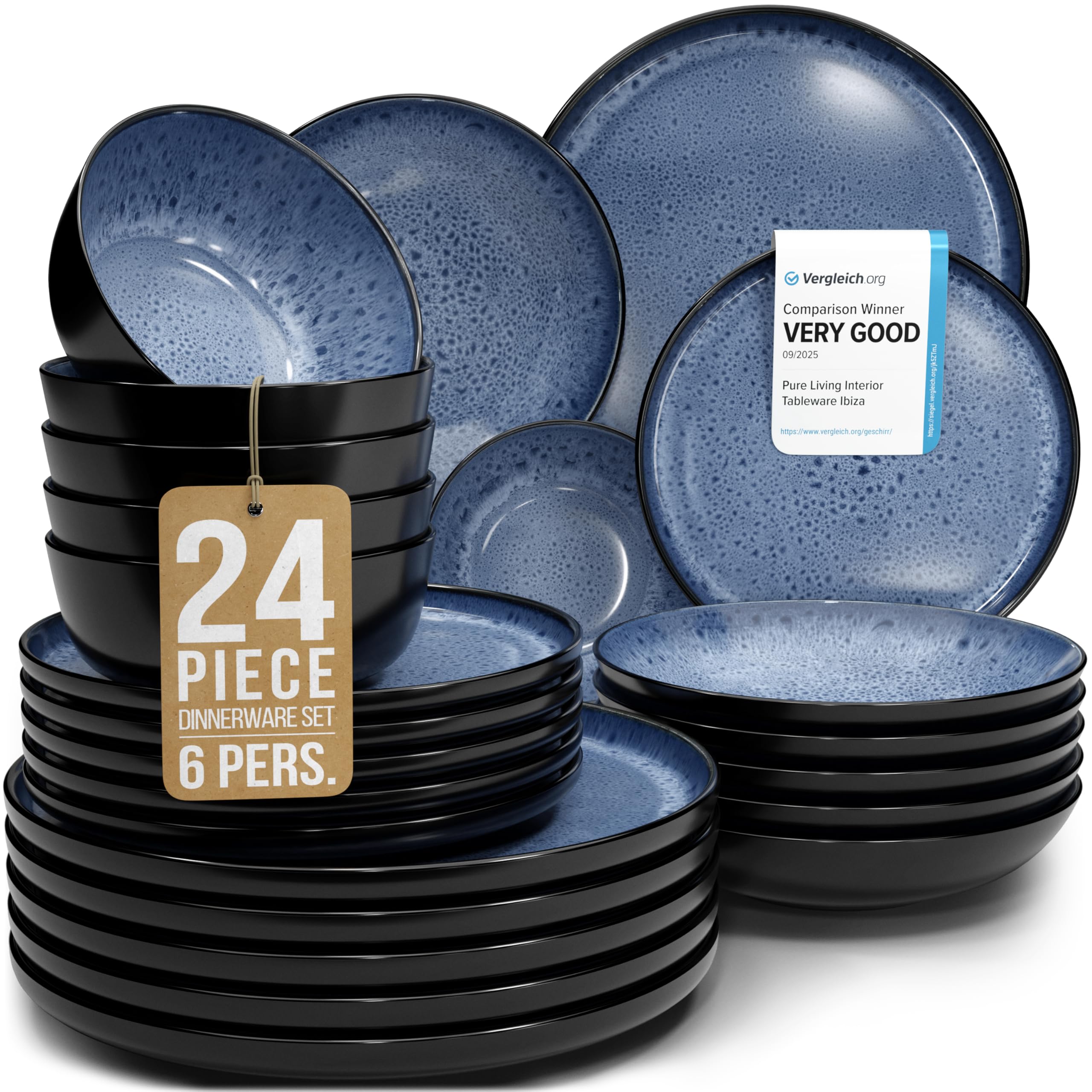24 Piece Dinnerware Sets for 6 - Stoneware Tableware Set - Bowl and Plate Set - Dinner Service 6 persons - Tableware Sets Pure Living Black Deep Blue