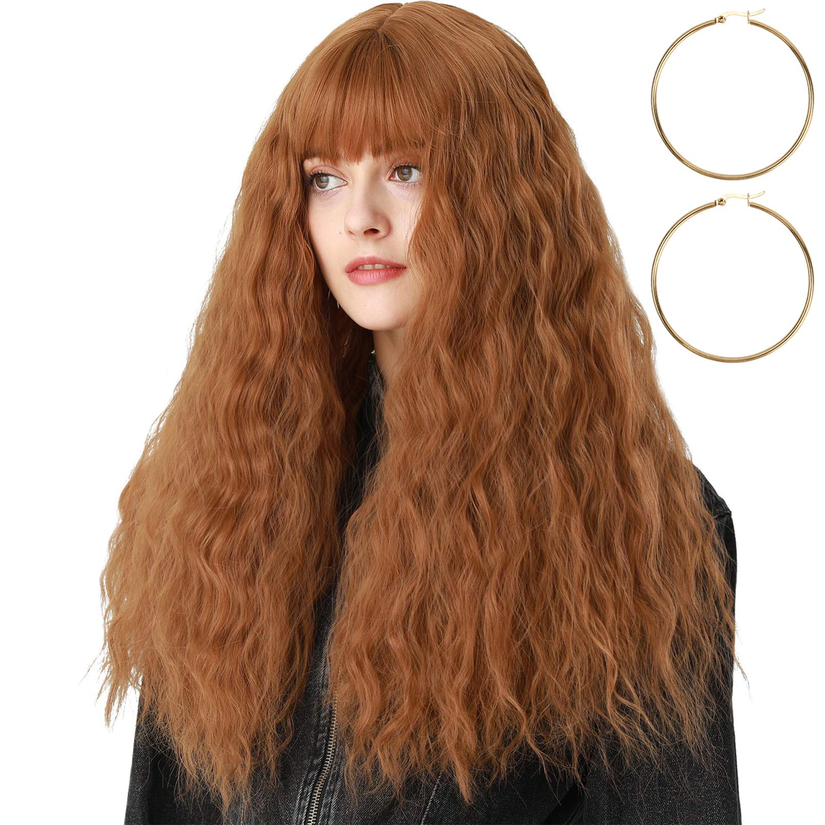 YOGFIT 22 Inch Brown Wig Long Curly Fluffy Hair Wavy Wig with Bangs Synthetic Wig Natural Looking Heat Resistant Fiber Hair for Women Girls