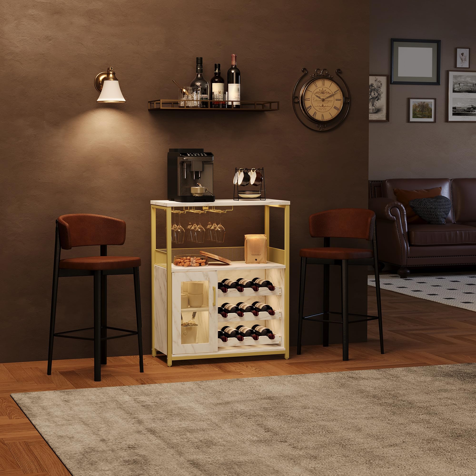 Weinbar Schrank 36" – Kompakter Bar Schrank Mit Verstellbaren Ablagen, Glashalter & Metallgittertür – Liquorschrank & Kaffeebar Möbel Für Küche & Esszimmer, Gold+Lampe