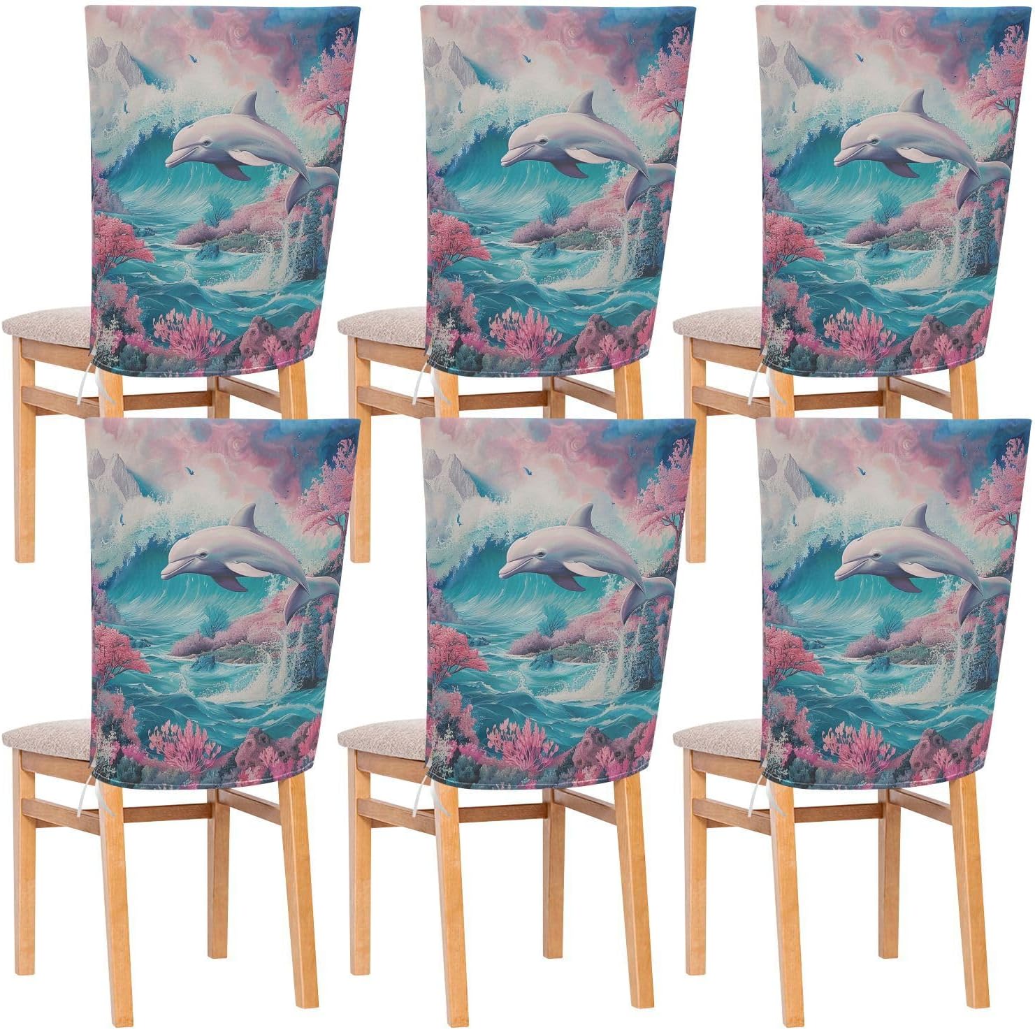ALAZA Dolphin Pink Flowers Chair Back Cover Set of 6, Washable Reusable Removable Chair Slipcovers Decorative Chair Cover for Home Kitchen Wedding Party