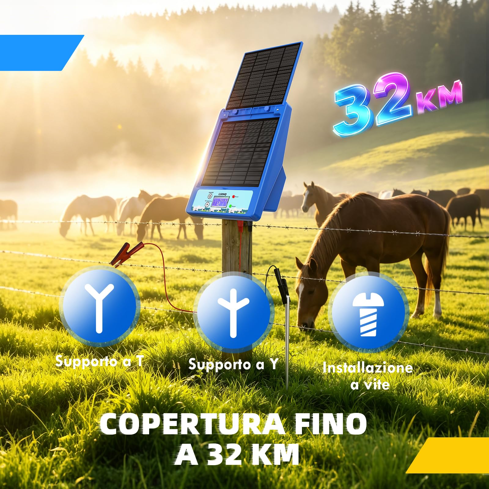 Recinto Elettrico Solare 12V 32KM, Elettrificatore per Recinti Impermeabile con Batteria al Litio 18Ah, 0.3-2J, 6KV-12KV Regolabile, Pannello Solare 8W, per Grandi e Piccoli Animali (Blu)