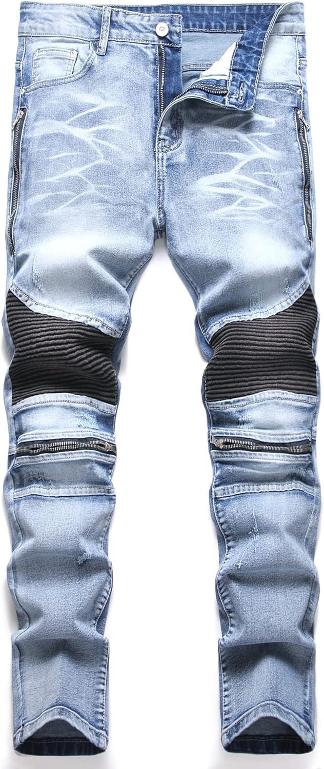 Biker Jeans for Men,Men’s Straight Leg Slim Fit Distressed Destroyed Stretch Motorcycle Denim Pants