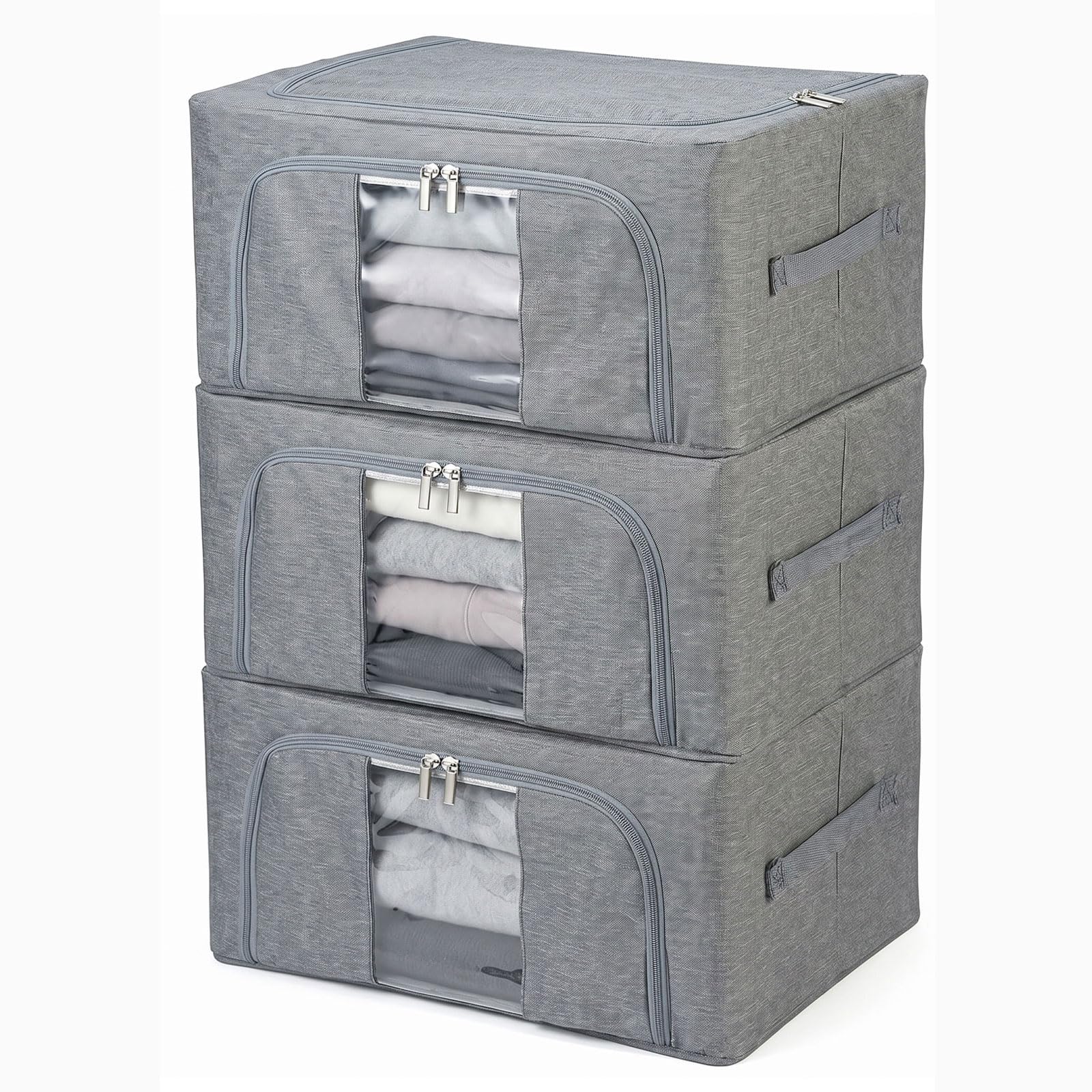 3Pcs 24L Storage Bags Boxes Organiser - Foldable Clothes Storage Bags with Lid , Clear Window & Reinforced Handle Under Bed Closet Wardrobe Box Moving Bag for Towel Duvet Sweater Bedding, Gray