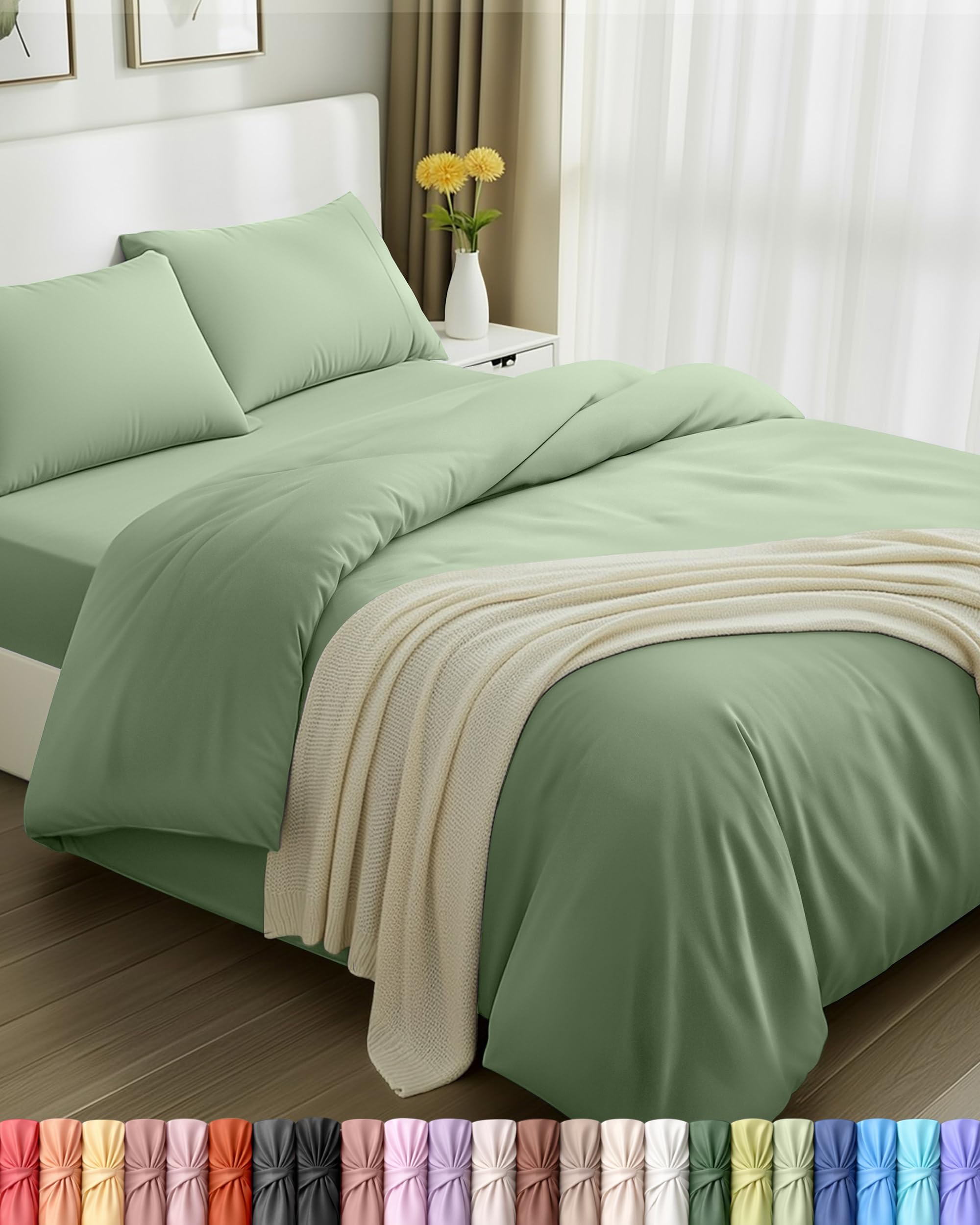 Utopia Bedding 4 Piece Double Bedding Set - Duvet Cover, Fitted Sheet with Pillow cases - Soft Brushed Microfiber (Sage)