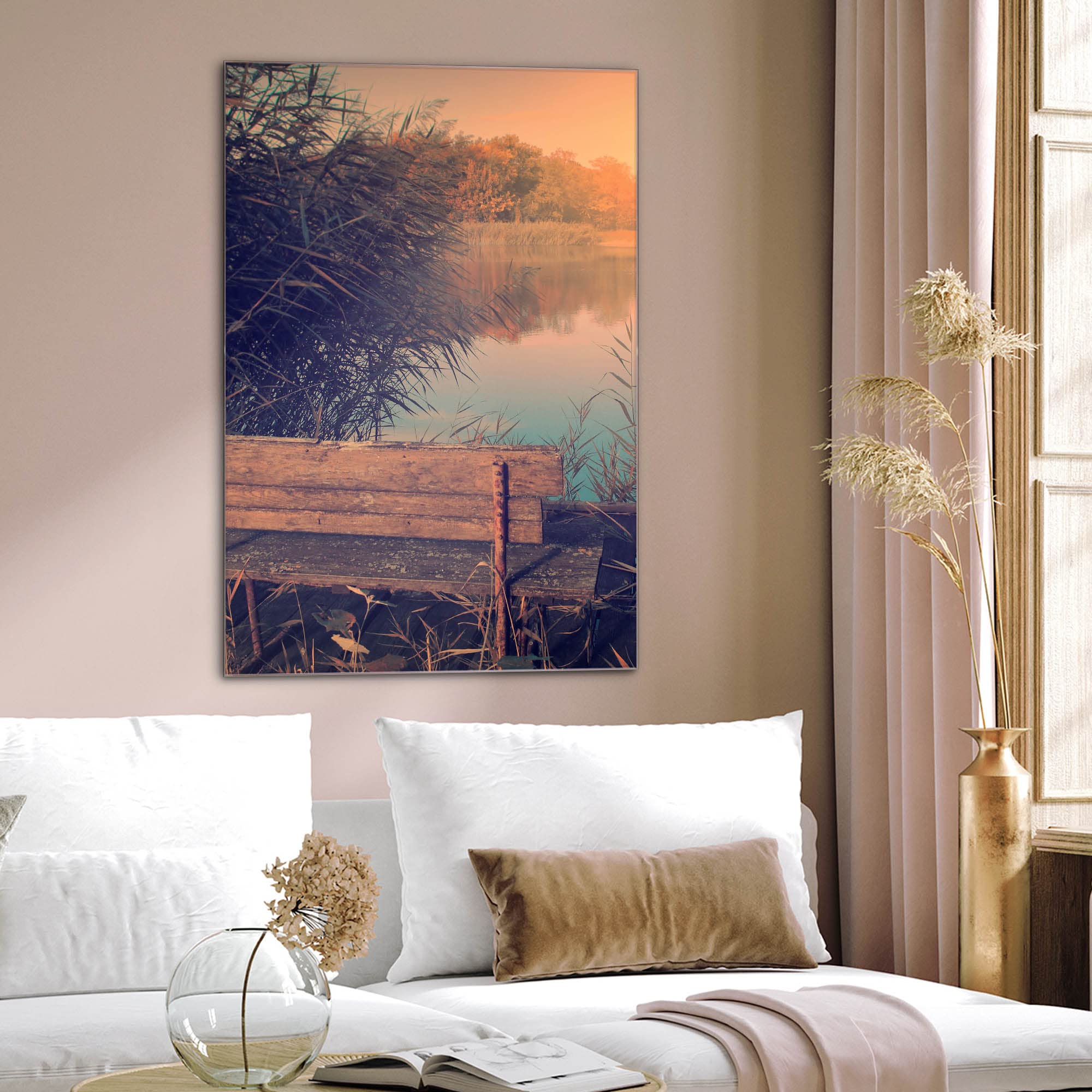 banjado Glas Magnetwand 60x90 mit Waldmotiv für Notizen, beschreibbar | Natürliches Magnetboard für Alltag und Planung, mit Motiv Bank Am See aus Wald und Natur
