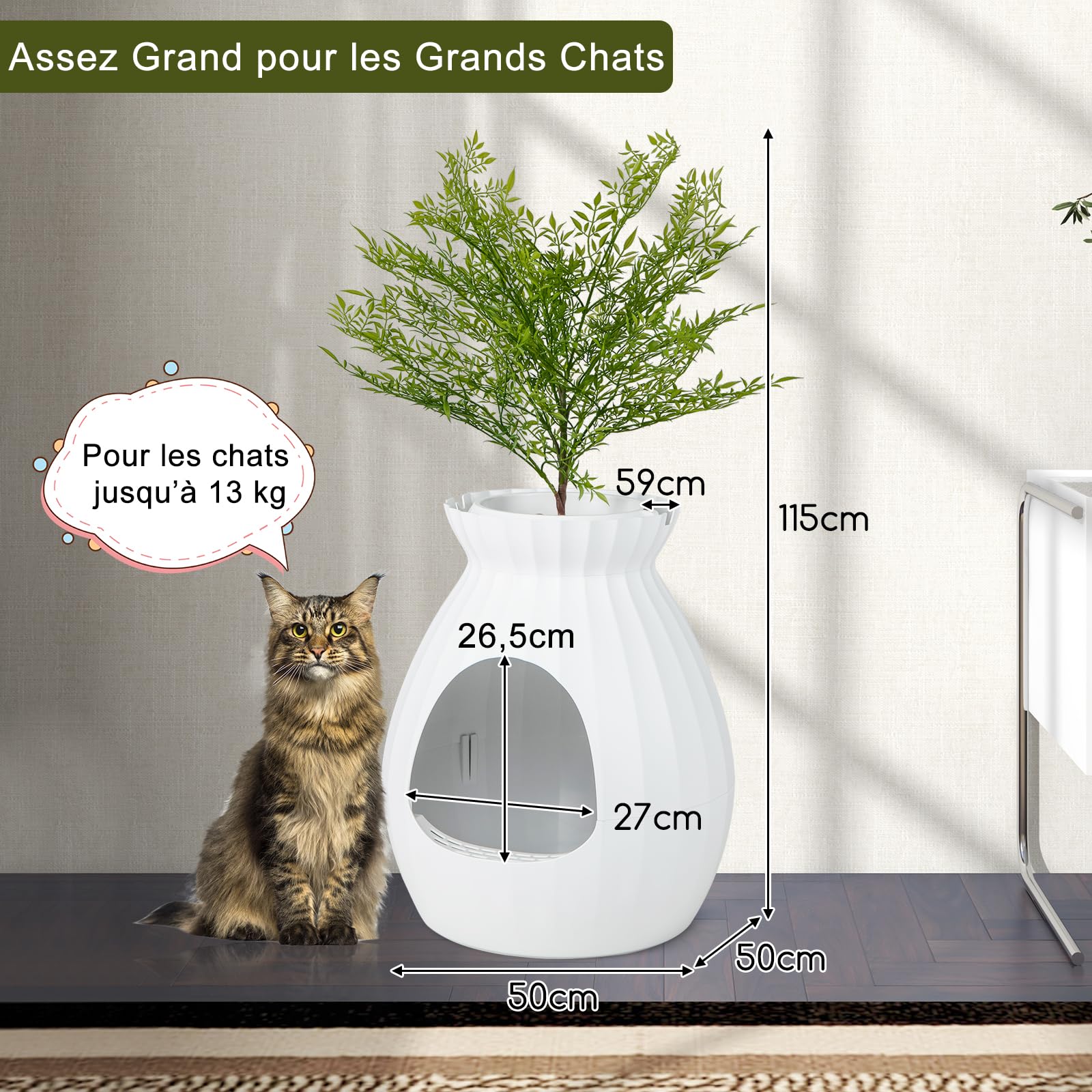GYMAX Bac à Litière pour Chat avec Système Intelligent de Désodorisation, Maison de Toilette en Forme de Pot, avec Pelle & Rideau, 50X115CM(Blanc)